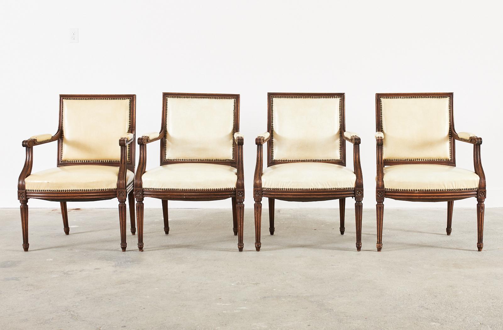 Hand-Crafted Set of Four French Louis XVI Style Mahogany Dining Armchairs For Sale