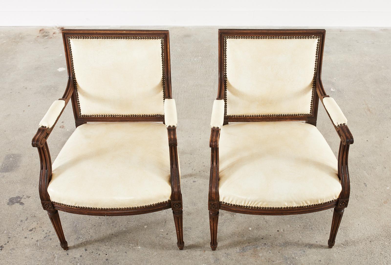 Brass Set of Four French Louis XVI Style Mahogany Dining Armchairs For Sale