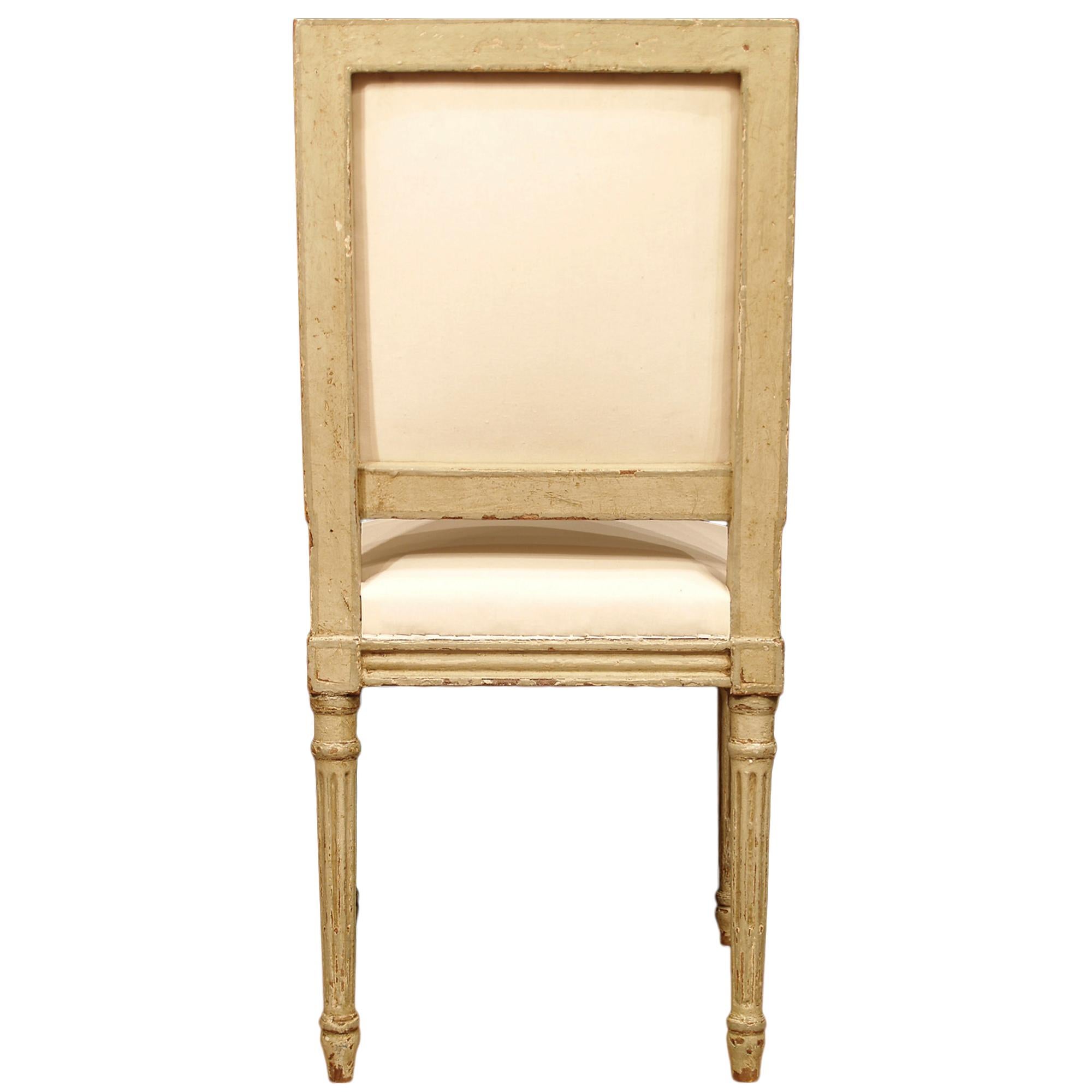 Wood Set of Four French Louis XVI Style Patinated Pale Green Dining Chairs For Sale