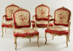 Set of Four French Mid-18th Century Rococo Louis XV Painted Fauteuils