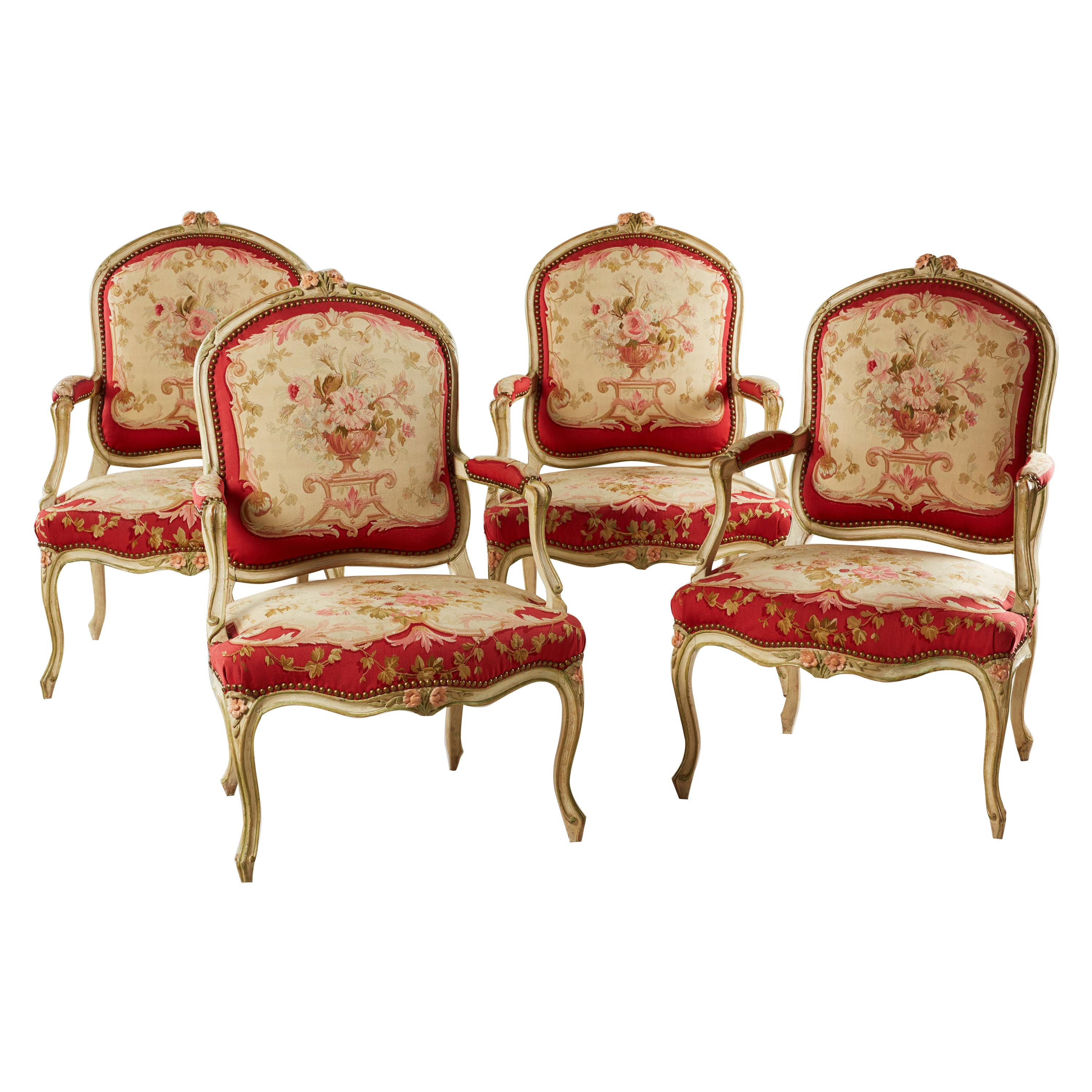 Set of Four French Mid-18th Century Rococo Louis XV Painted Fauteuils For Sale
