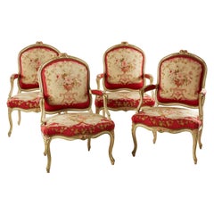 Set of Four French Mid-18th Century Rococo Louis XV Painted Fauteuils