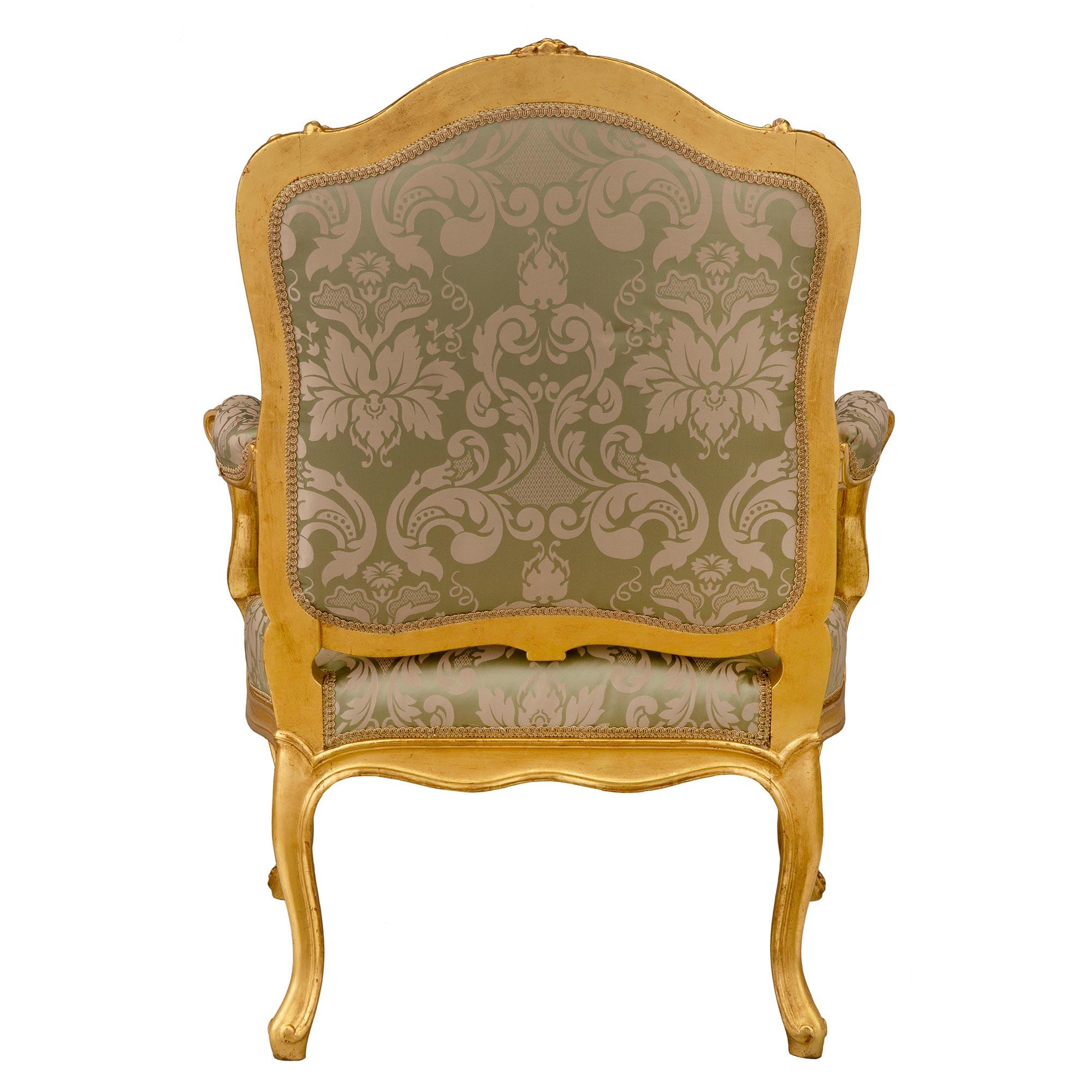 Set of Four French Mid-19th Century Louis XV Style Giltwood Armchairs For Sale 2