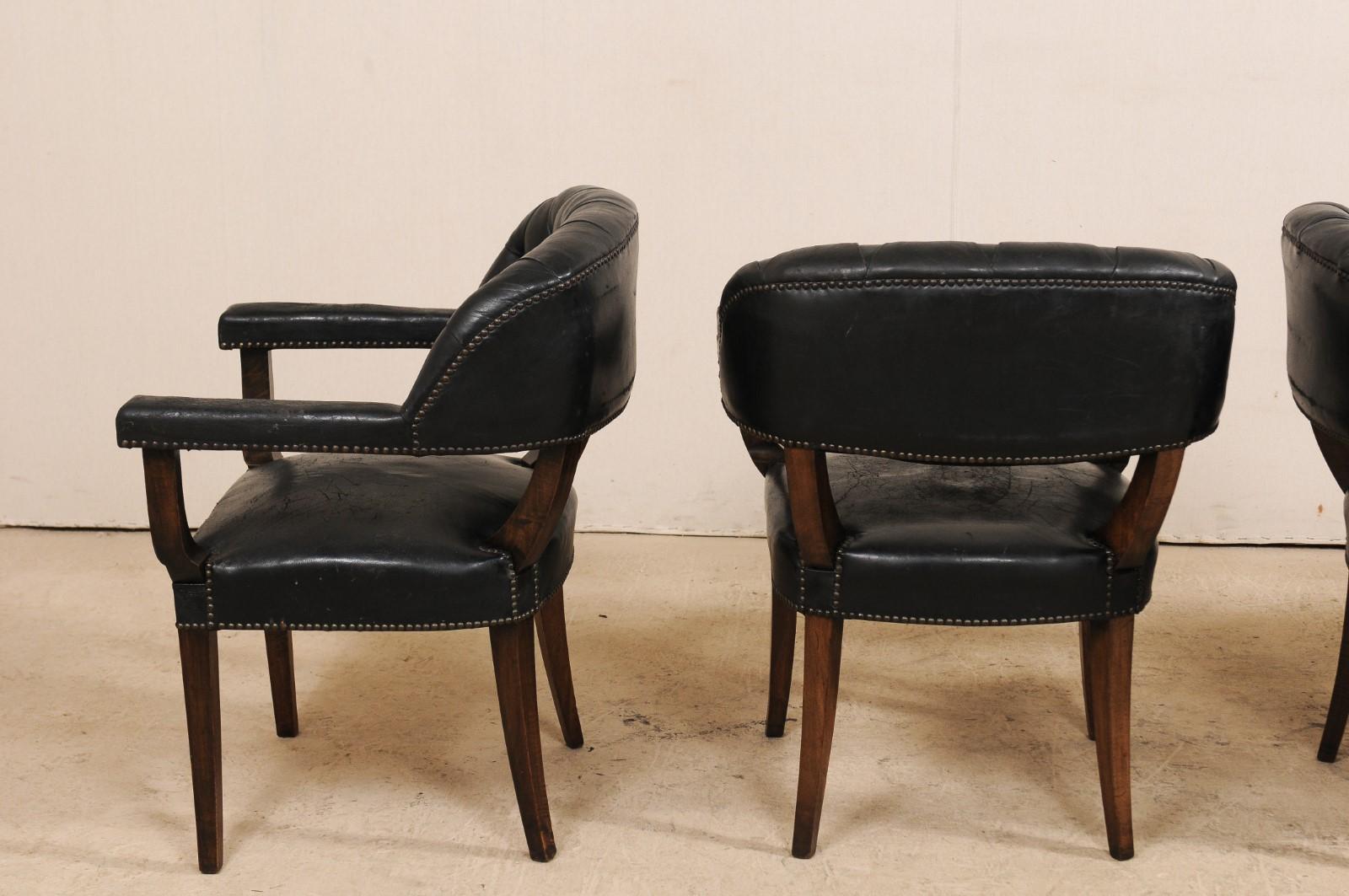 Set of Four French Mid-20th Century Black Leather Tub Armchairs For Sale 6