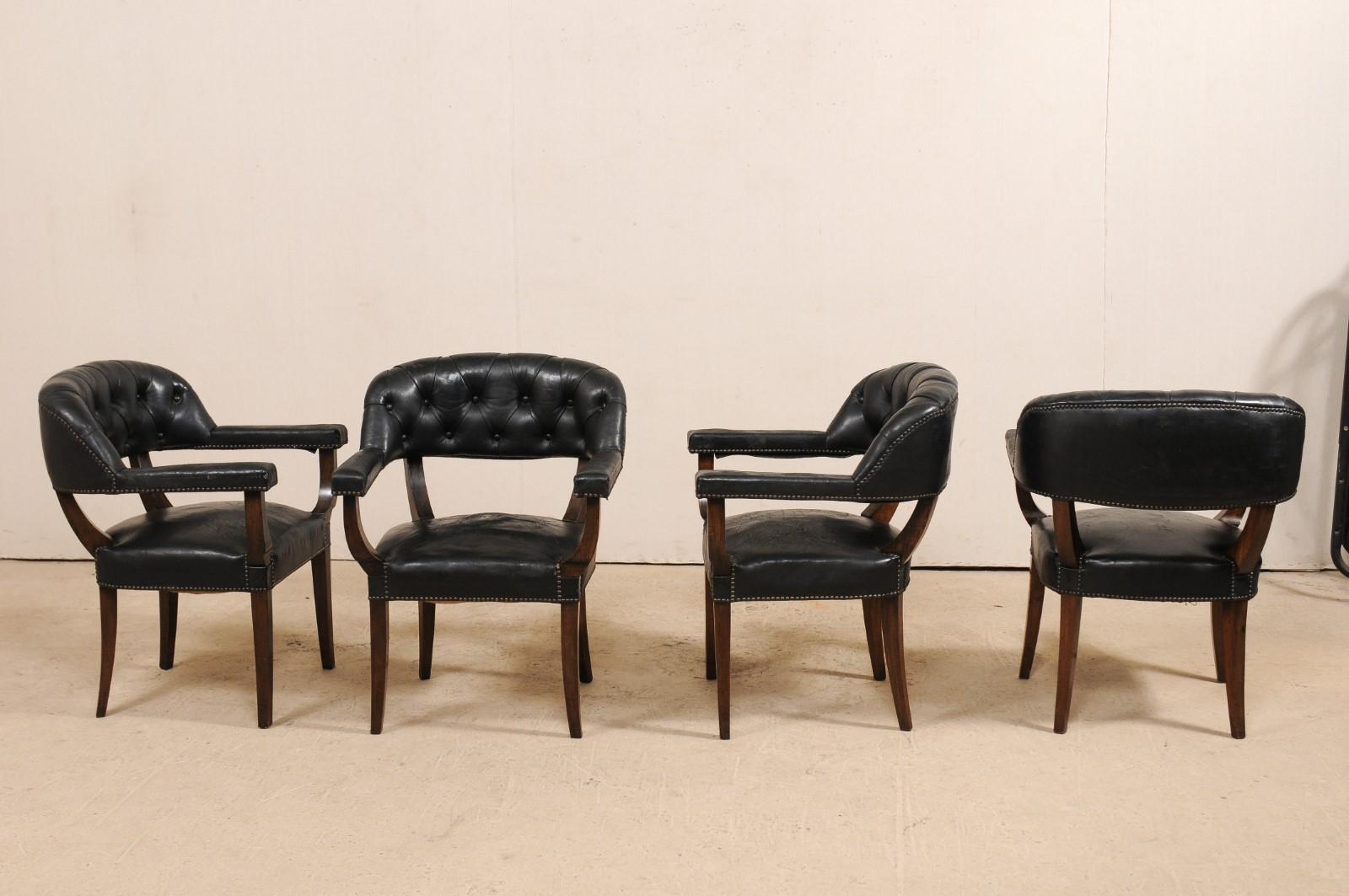 Metal Set of Four French Mid-20th Century Black Leather Tub Armchairs For Sale