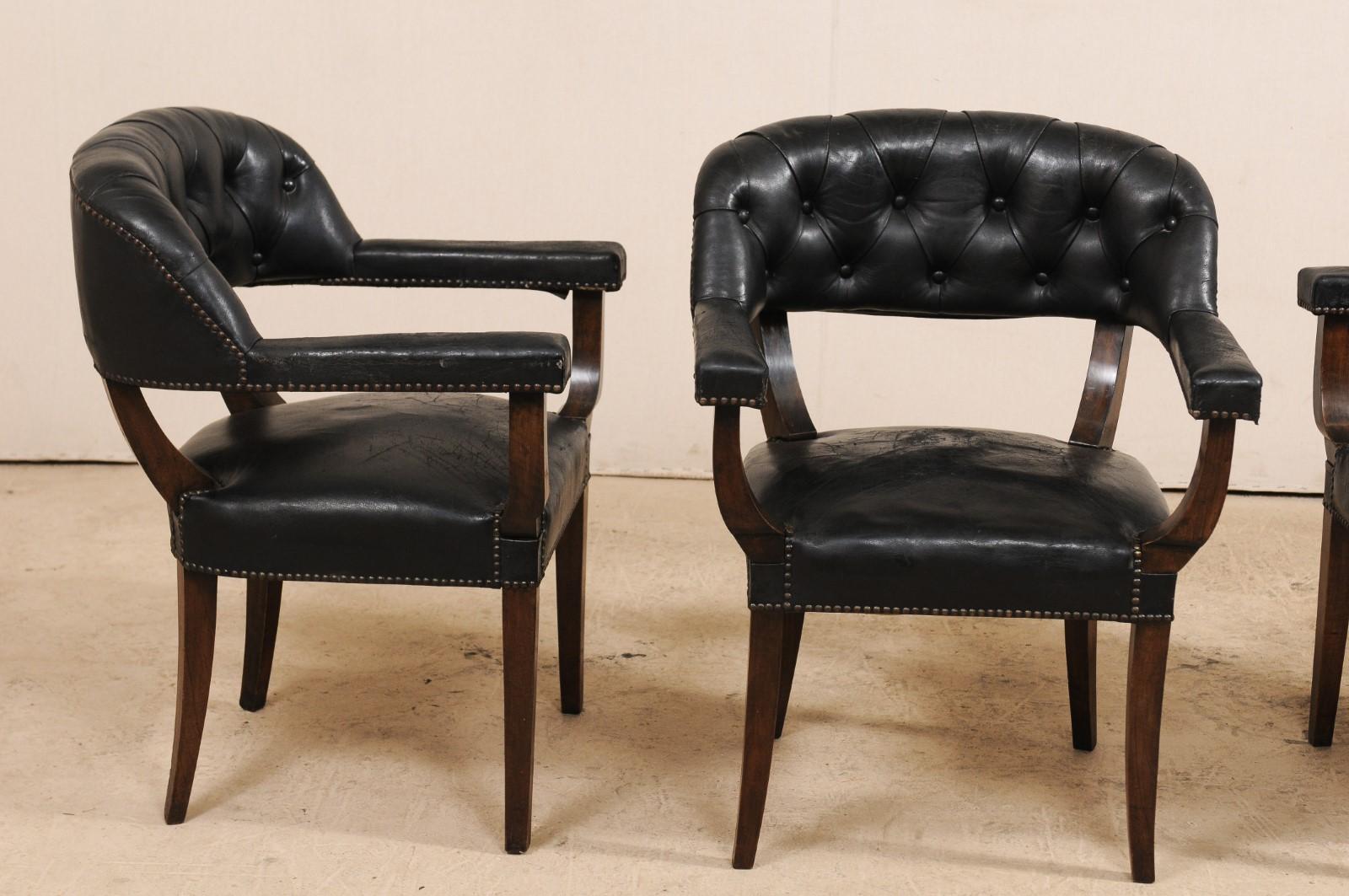 Set of Four French Mid-20th Century Black Leather Tub Armchairs For Sale 3