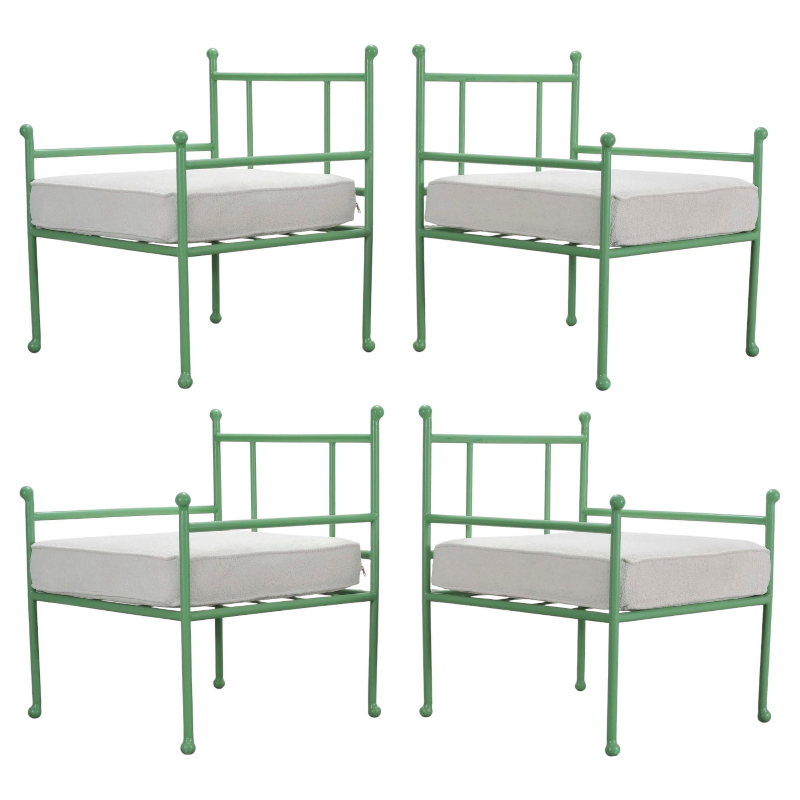 Set of Four French Mid-Century Iron Garden Lounge Armchairs For Sale