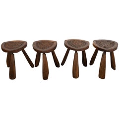 Set of Four French Mid-Century Modern Organic Amorphic Hand Carved Walnut Stools