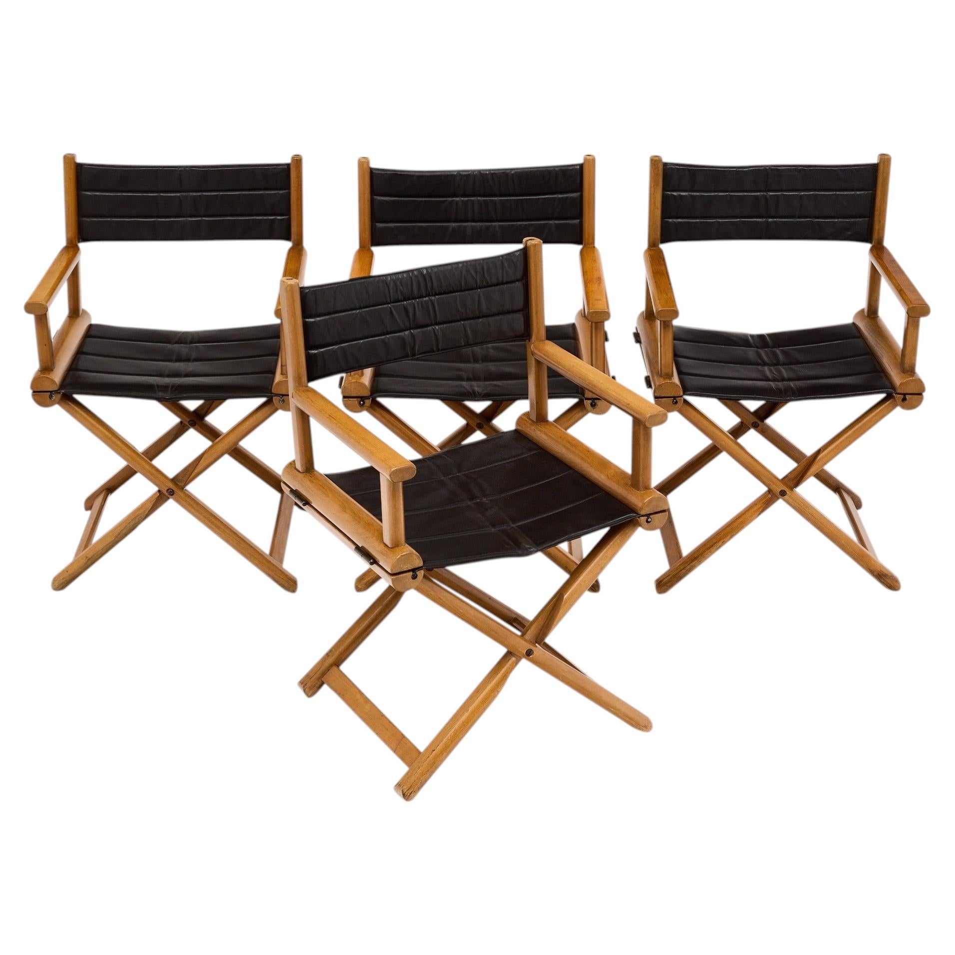 Set of Four French Mid-Century Modern Walnut & Leather Folding Chairs For Sale