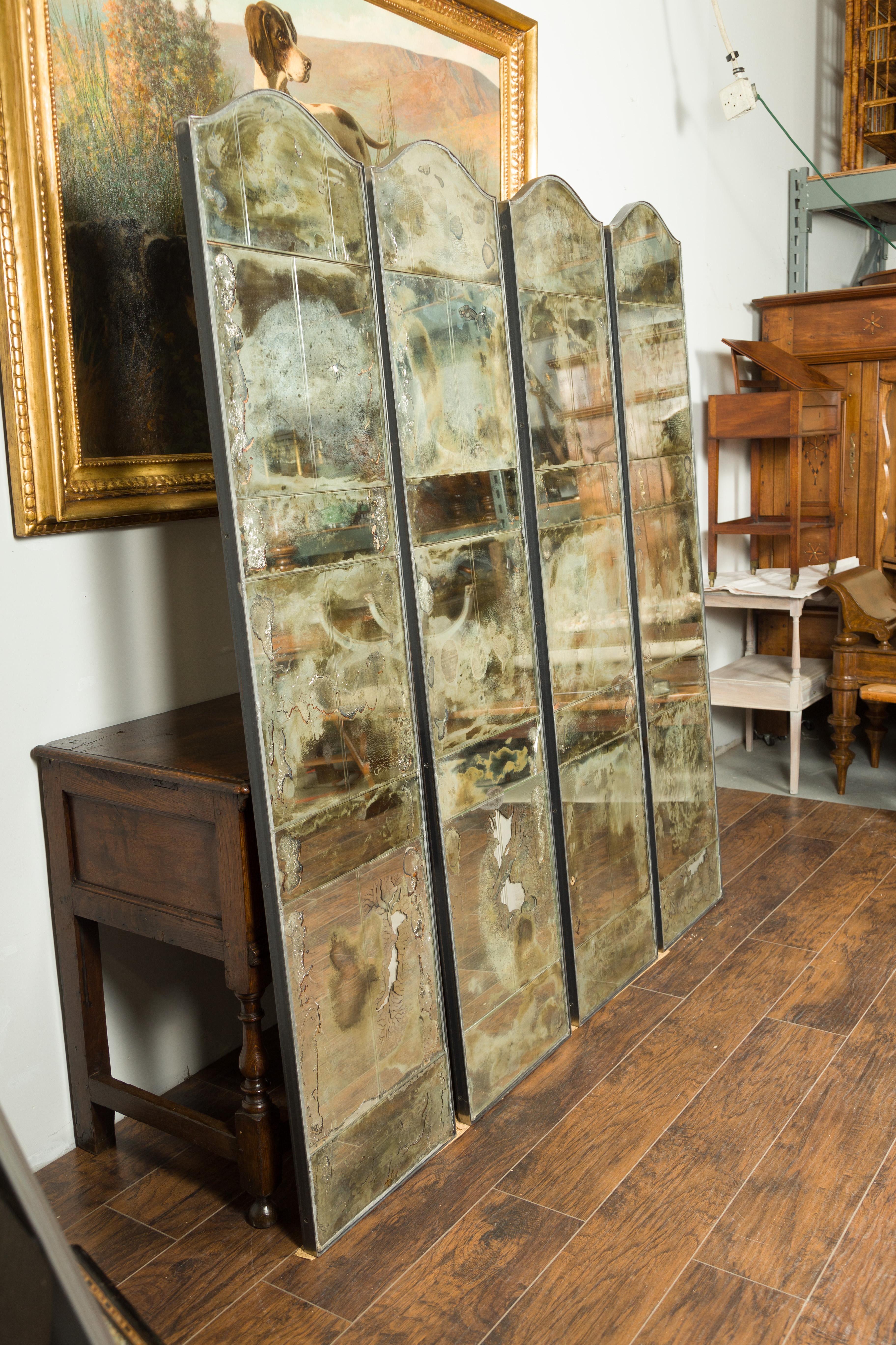 Set of Four French Midcentury Mirrored Screens with Distressed Appearance 13