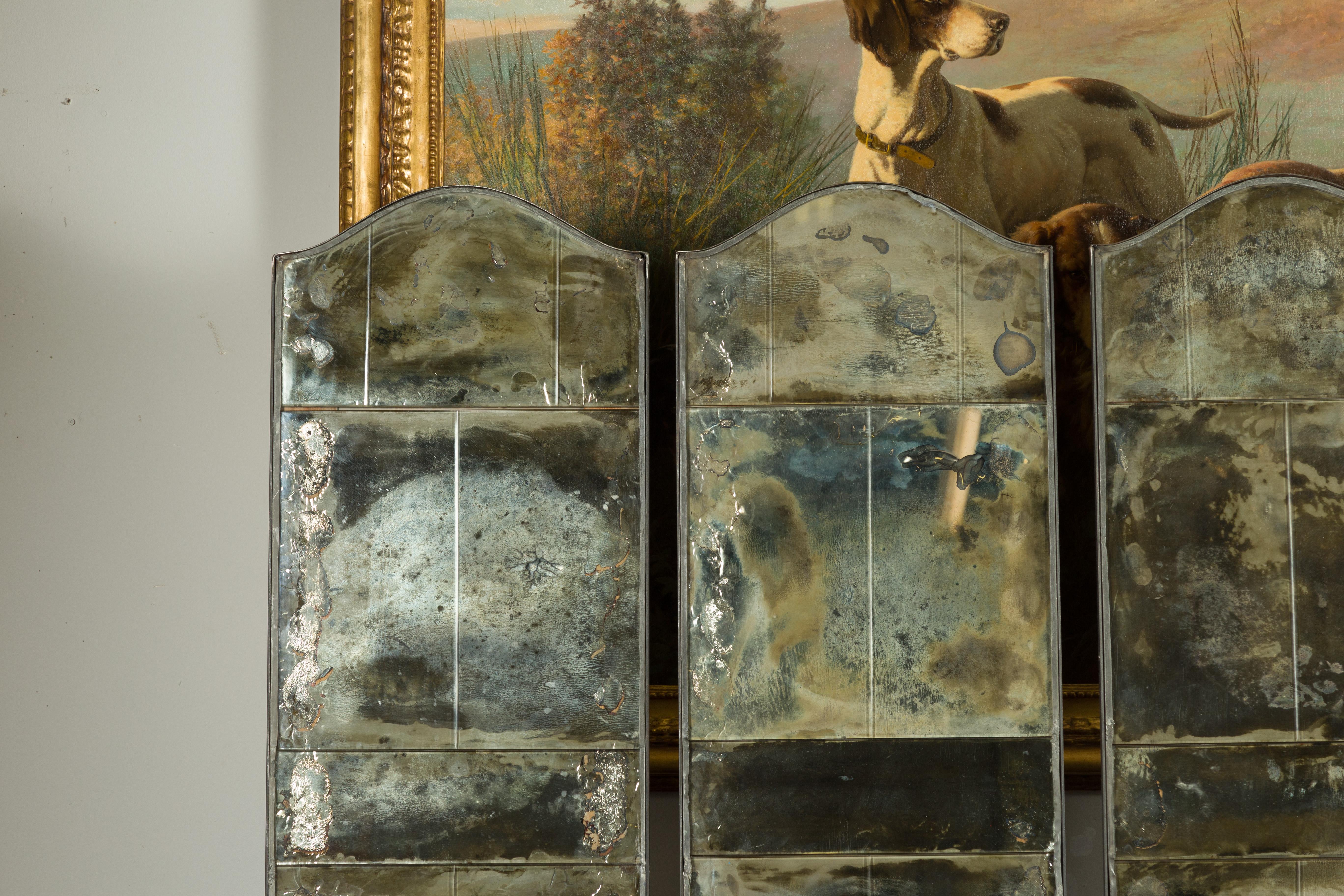 20th Century Set of Four French Midcentury Mirrored Screens with Distressed Appearance