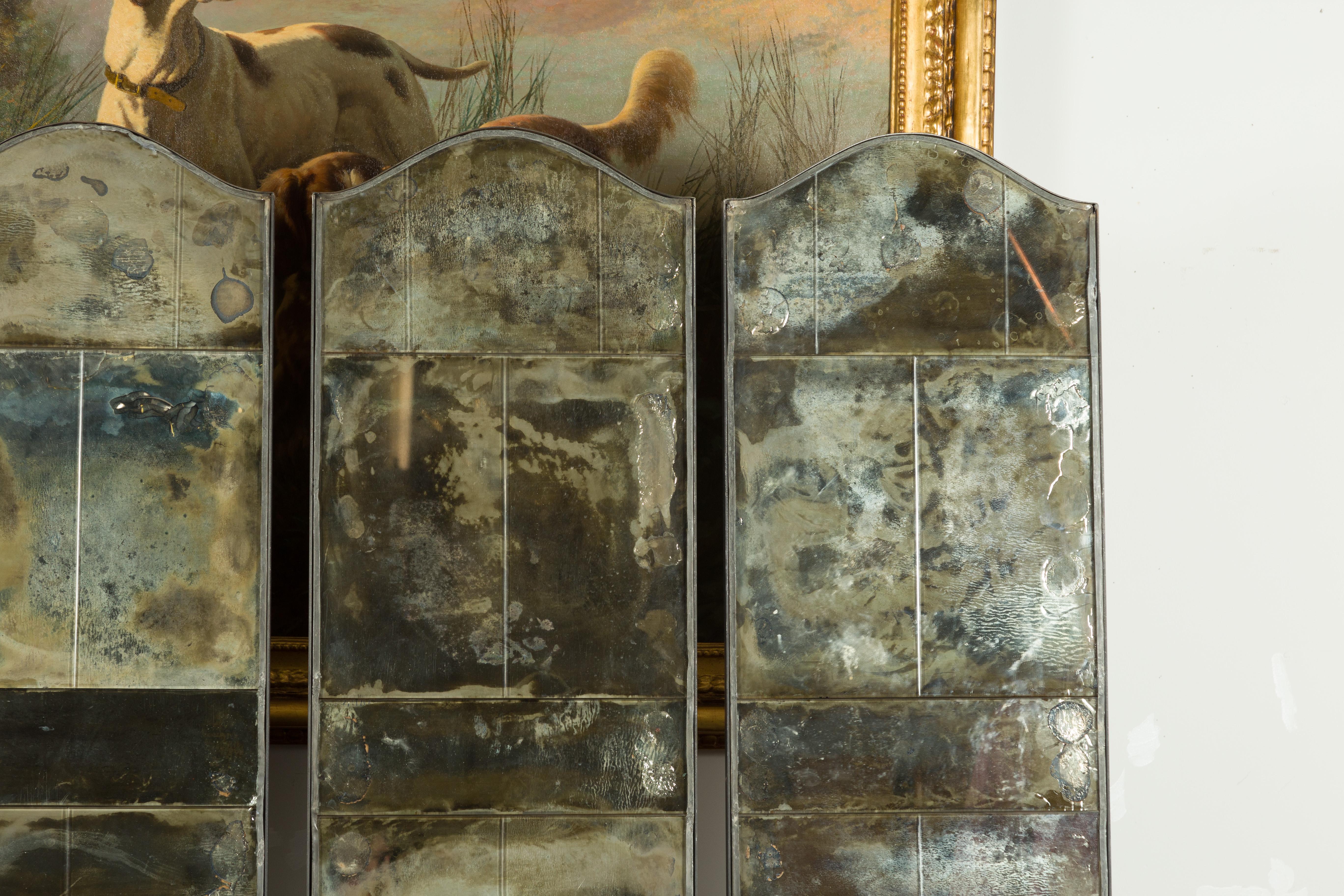 Metal Set of Four French Midcentury Mirrored Screens with Distressed Appearance