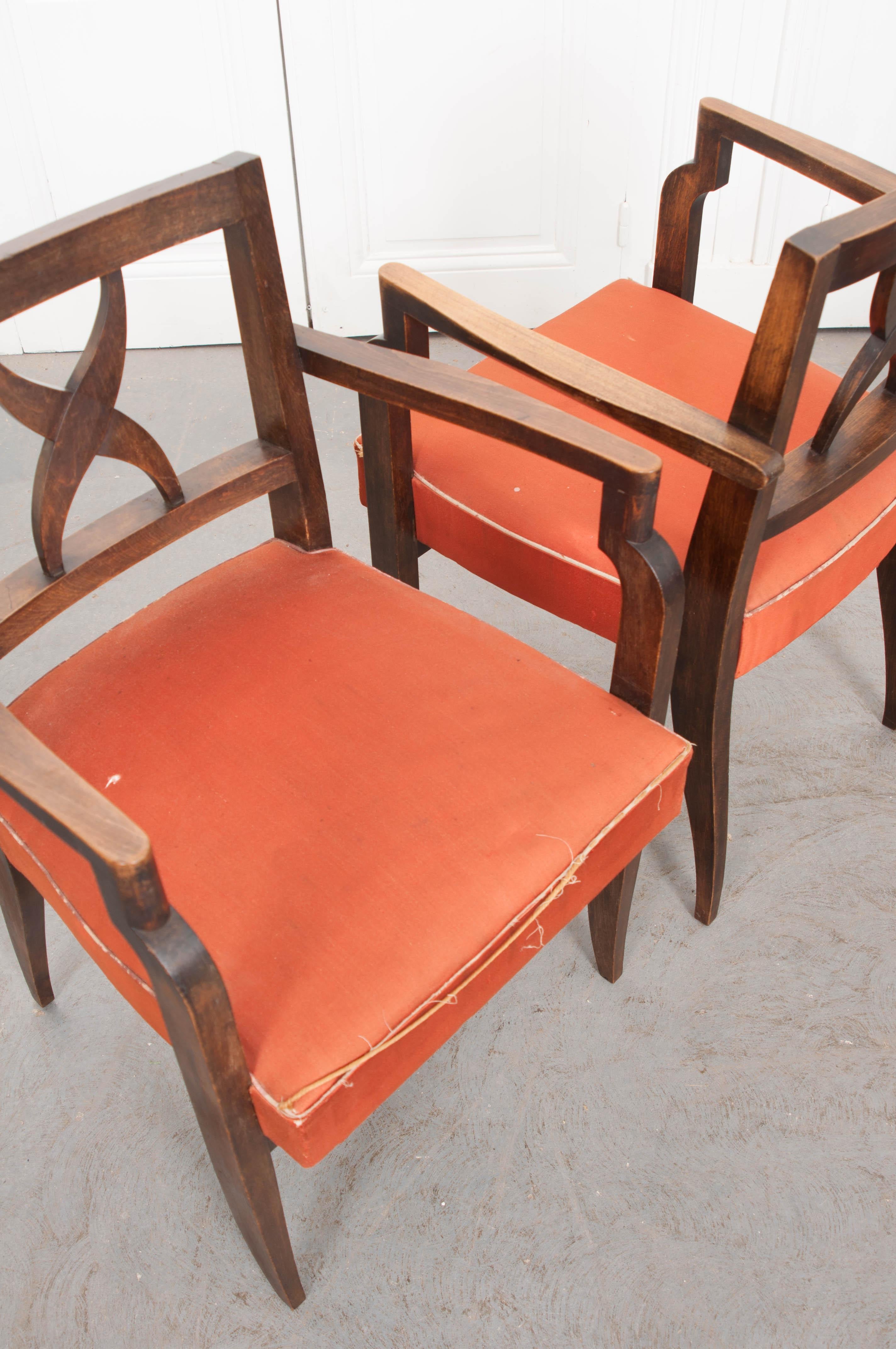 Set of Four French Midcentury Walnut Armchairs For Sale 8