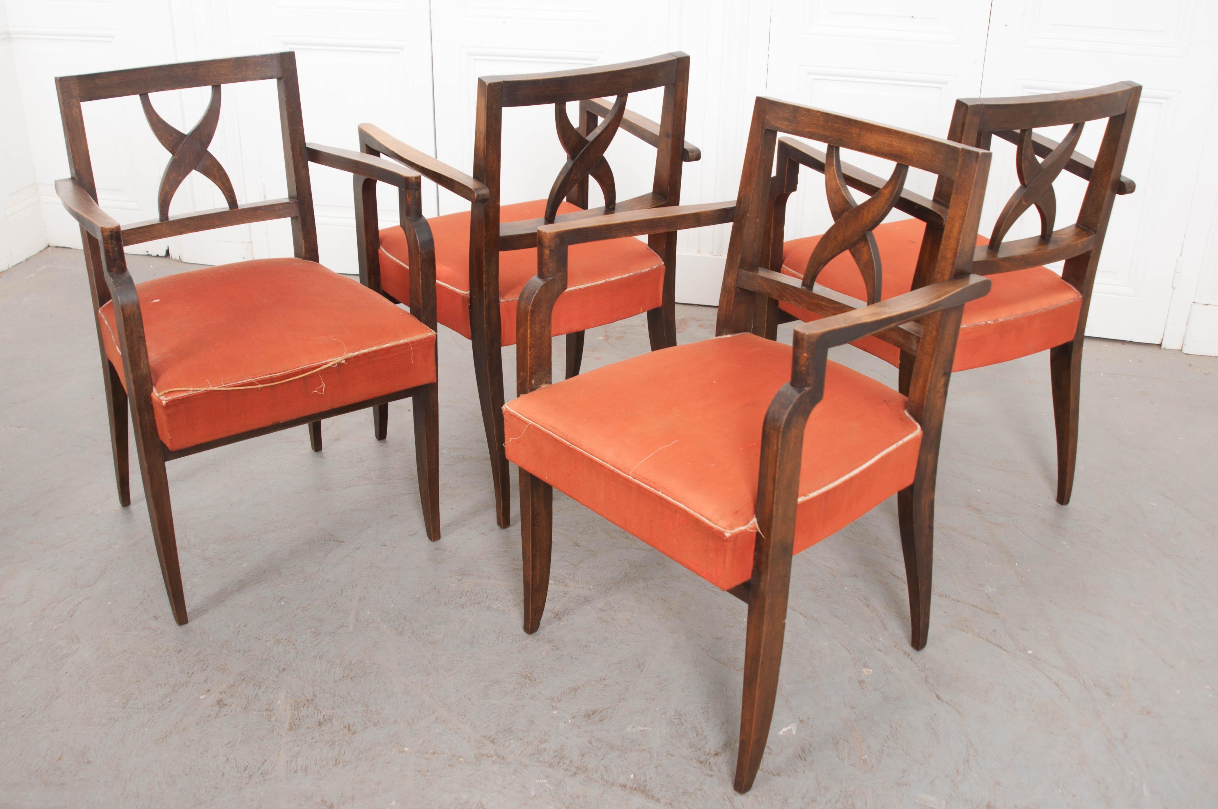 Set of Four French Midcentury Walnut Armchairs For Sale 9