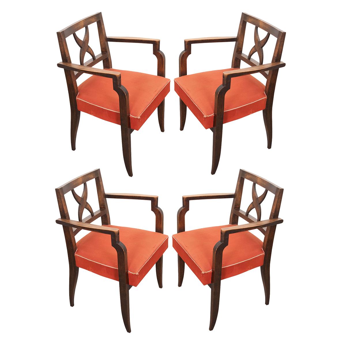 Set of Four French Midcentury Walnut Armchairs