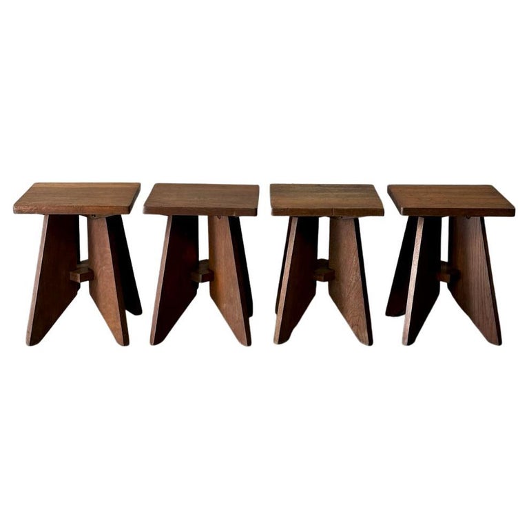 Set of Four French Midcentury Wooden Stools For Sale at 1stDibs
