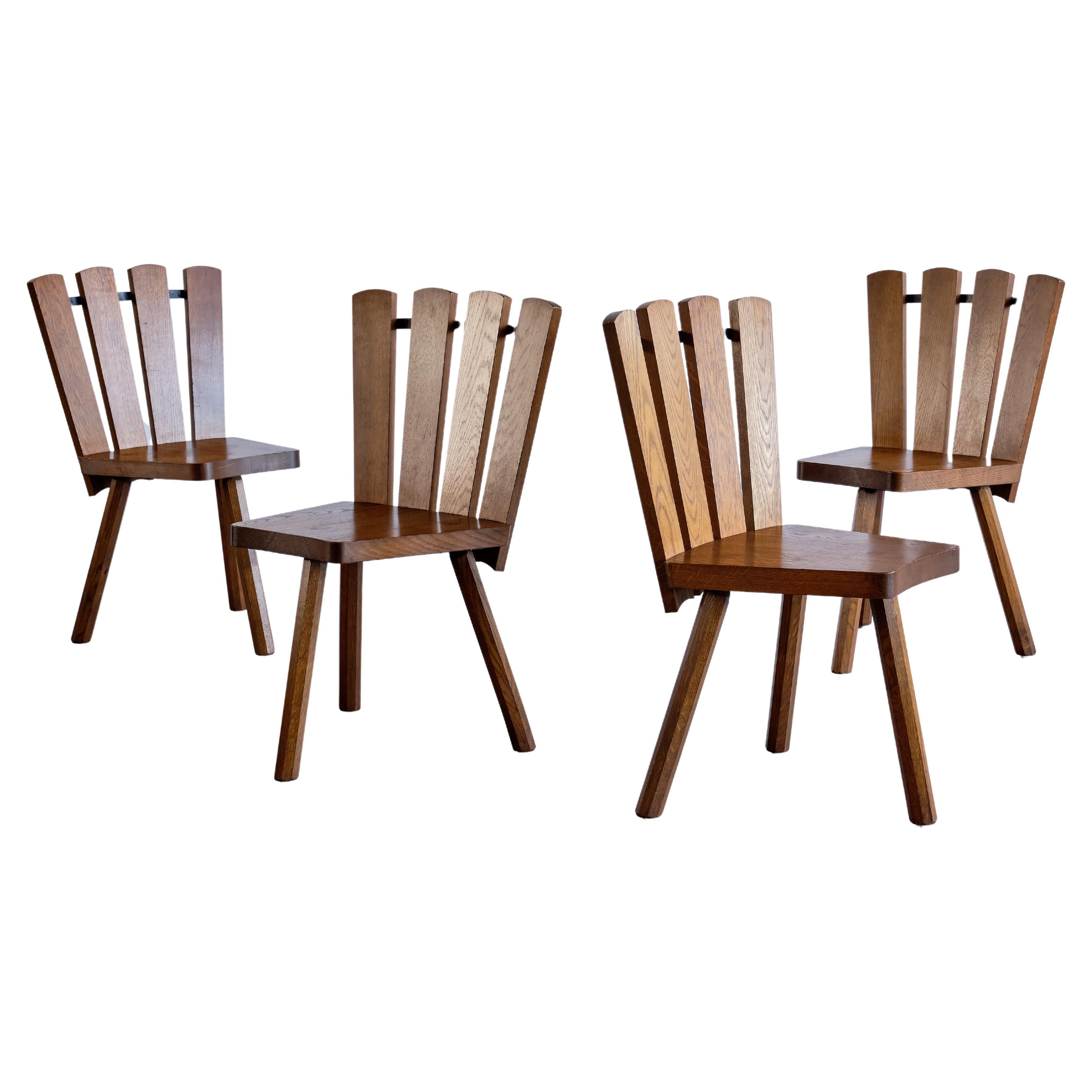 Set of Four French Modern Tripod Oak Dining Chairs with Fan Shaped Back, 1950s