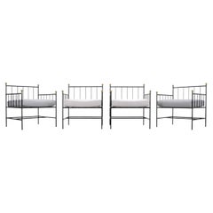 Set of Four French Modernist Iron Brass Ball Finial Lounge Chairs