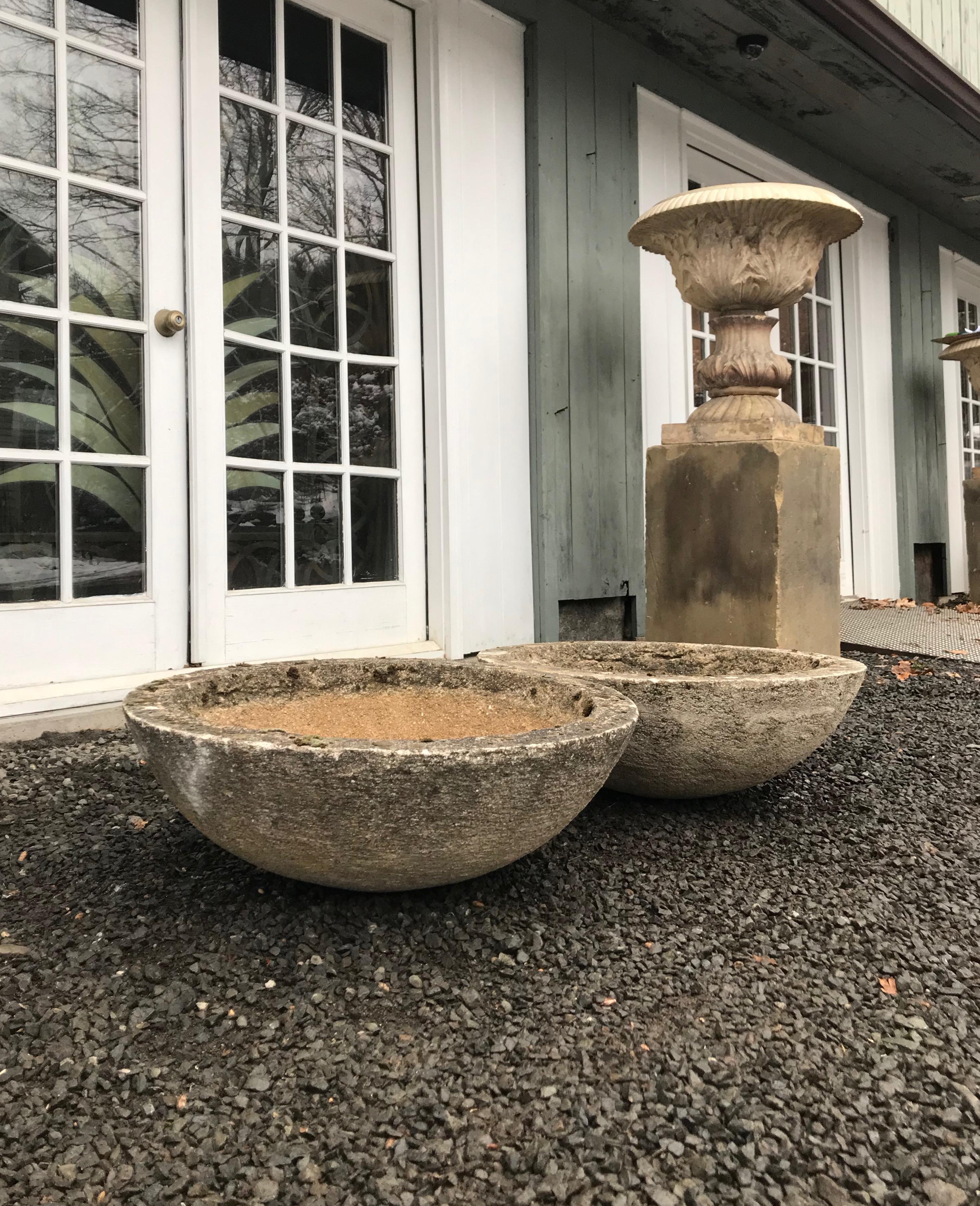Mid-Century Modern Set of Four French Mossy and Weathered Midcentury Cast Stone Bowl Planters