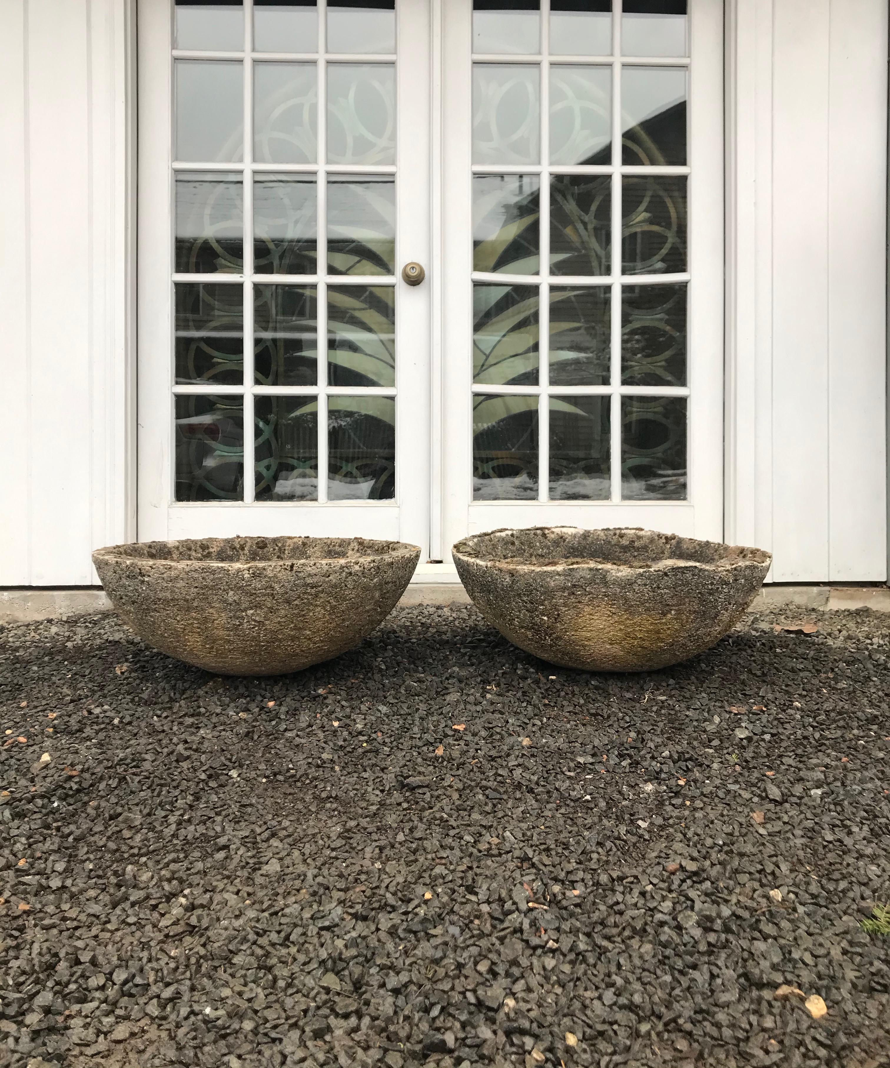 Set of Four French Mossy and Weathered Midcentury Cast Stone Bowl Planters 1
