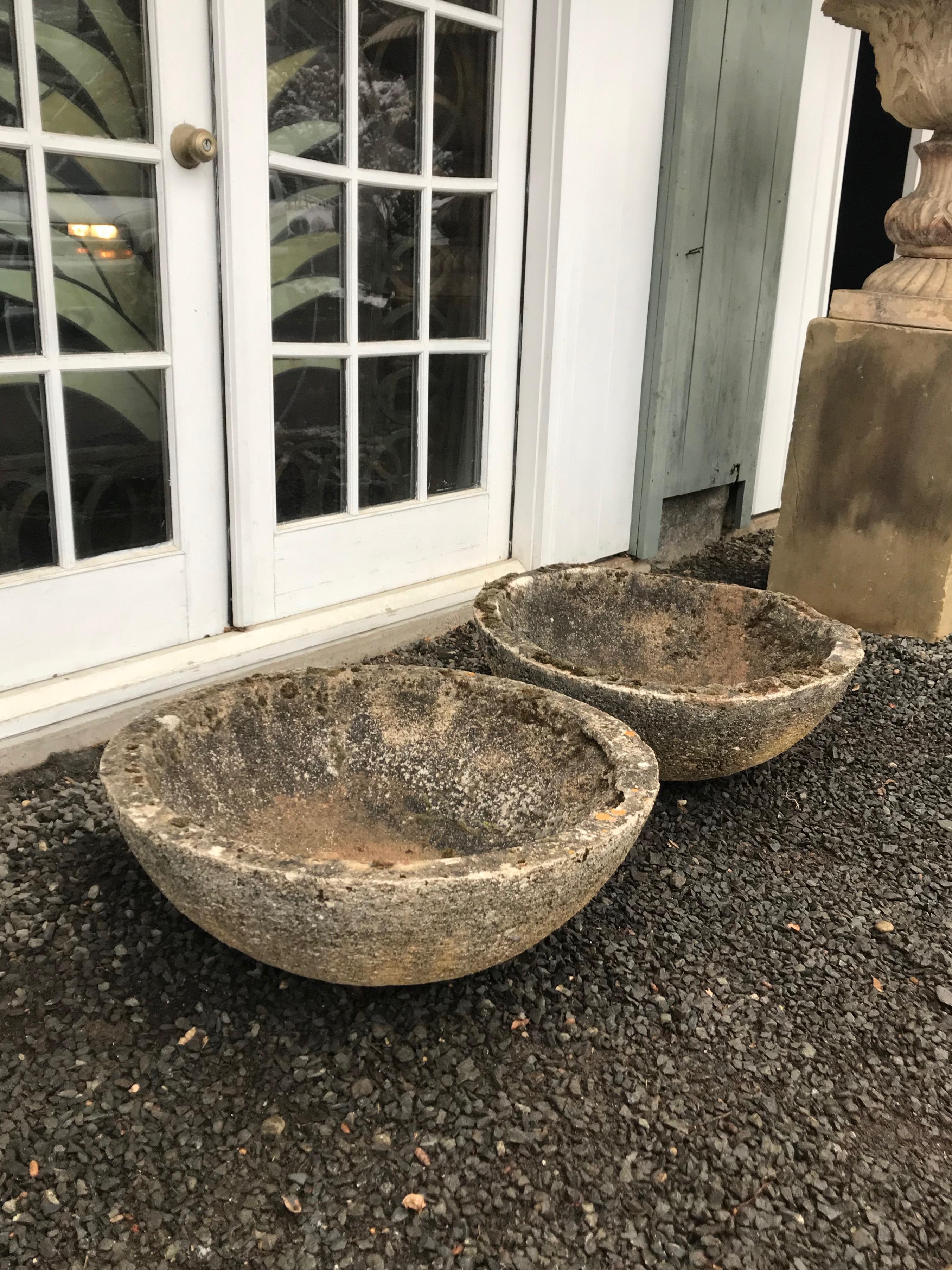 Set of Four French Mossy and Weathered Midcentury Cast Stone Bowl Planters 3