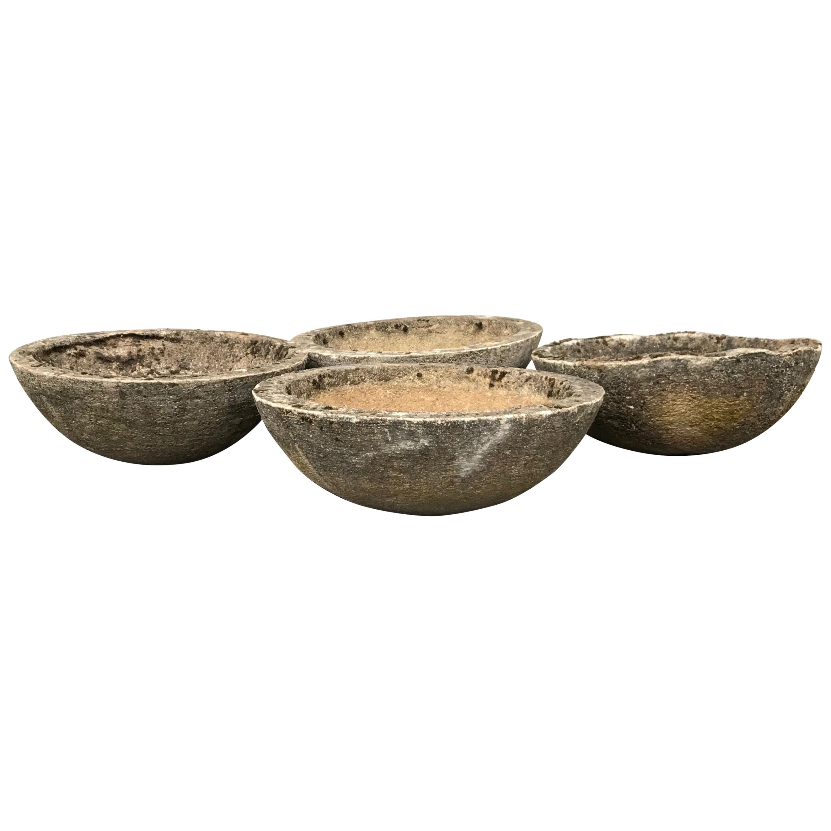 Set of Four French Mossy and Weathered Midcentury Cast Stone Bowl Planters