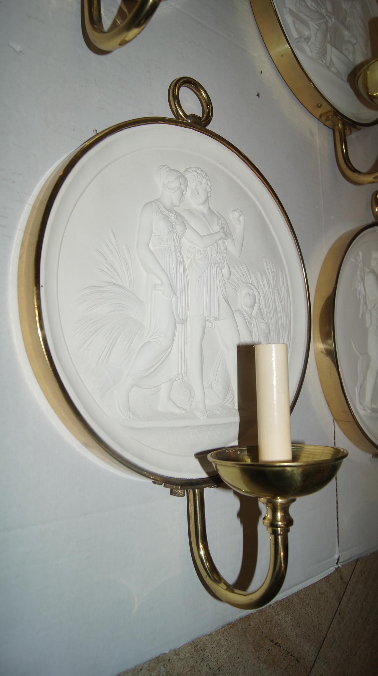 Plaster Set of Neoclassic Plaque Sconces, Sold per Pair For Sale