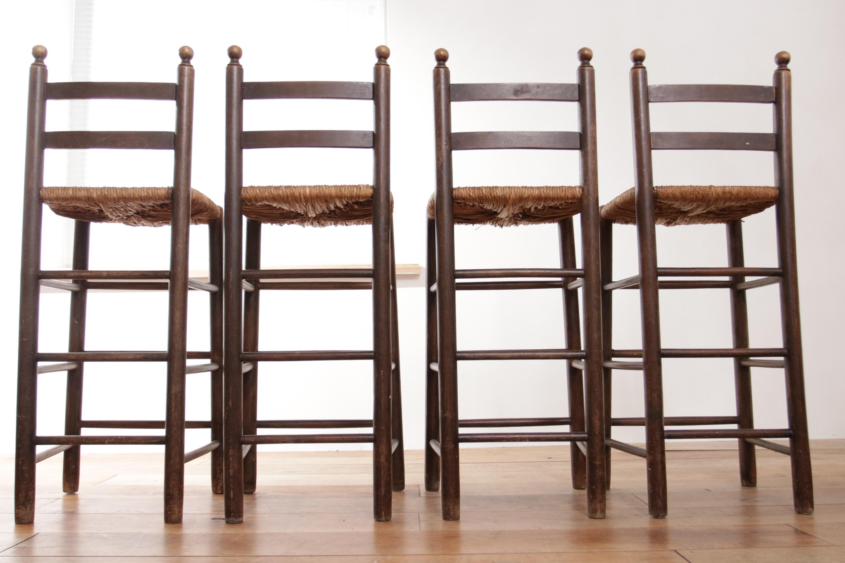 Set of Four French Oak Barstools with Rush Seats in Style of Charles Dudouyt 9