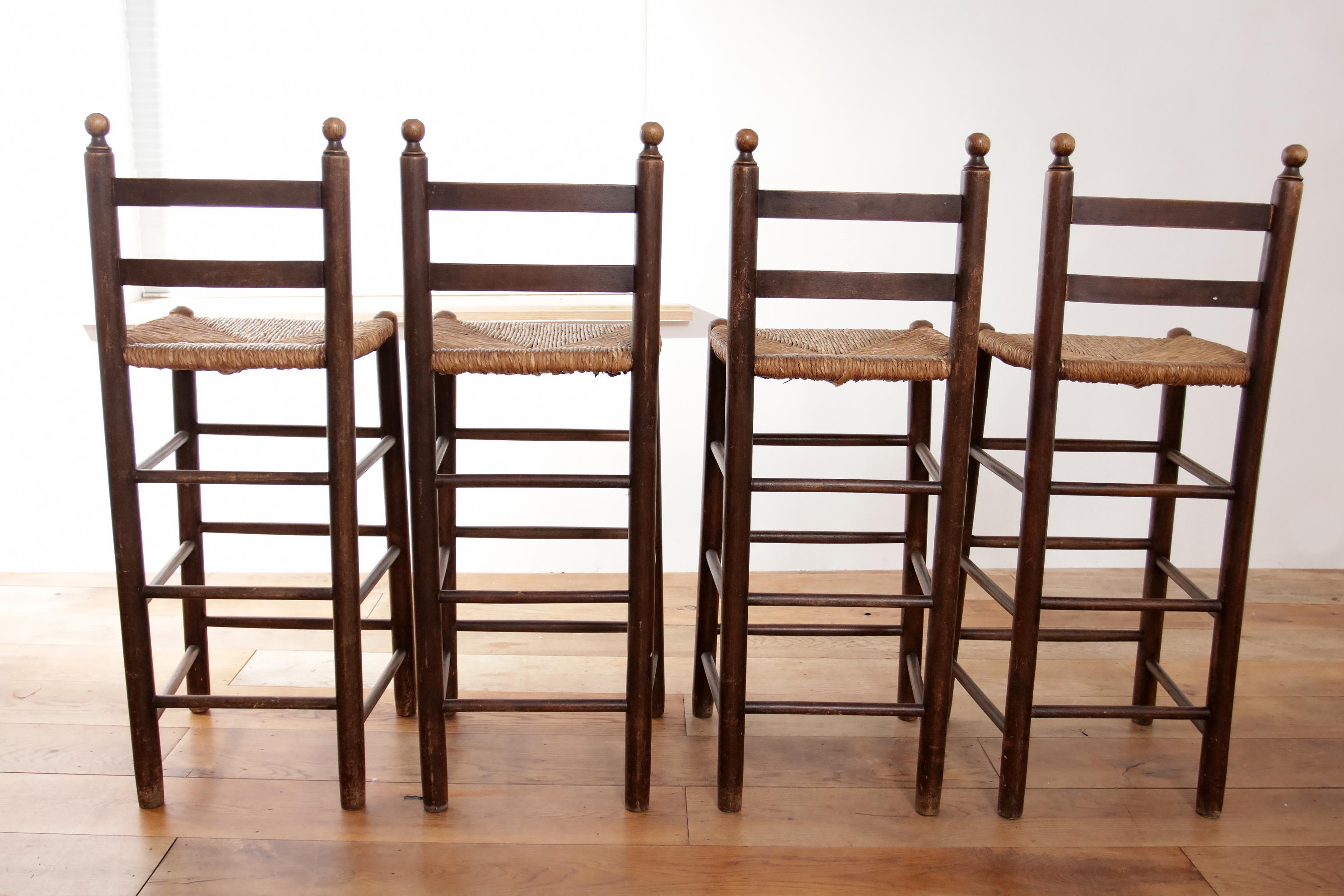 Set of Four French Oak Barstools with Rush Seats in Style of Charles Dudouyt 11