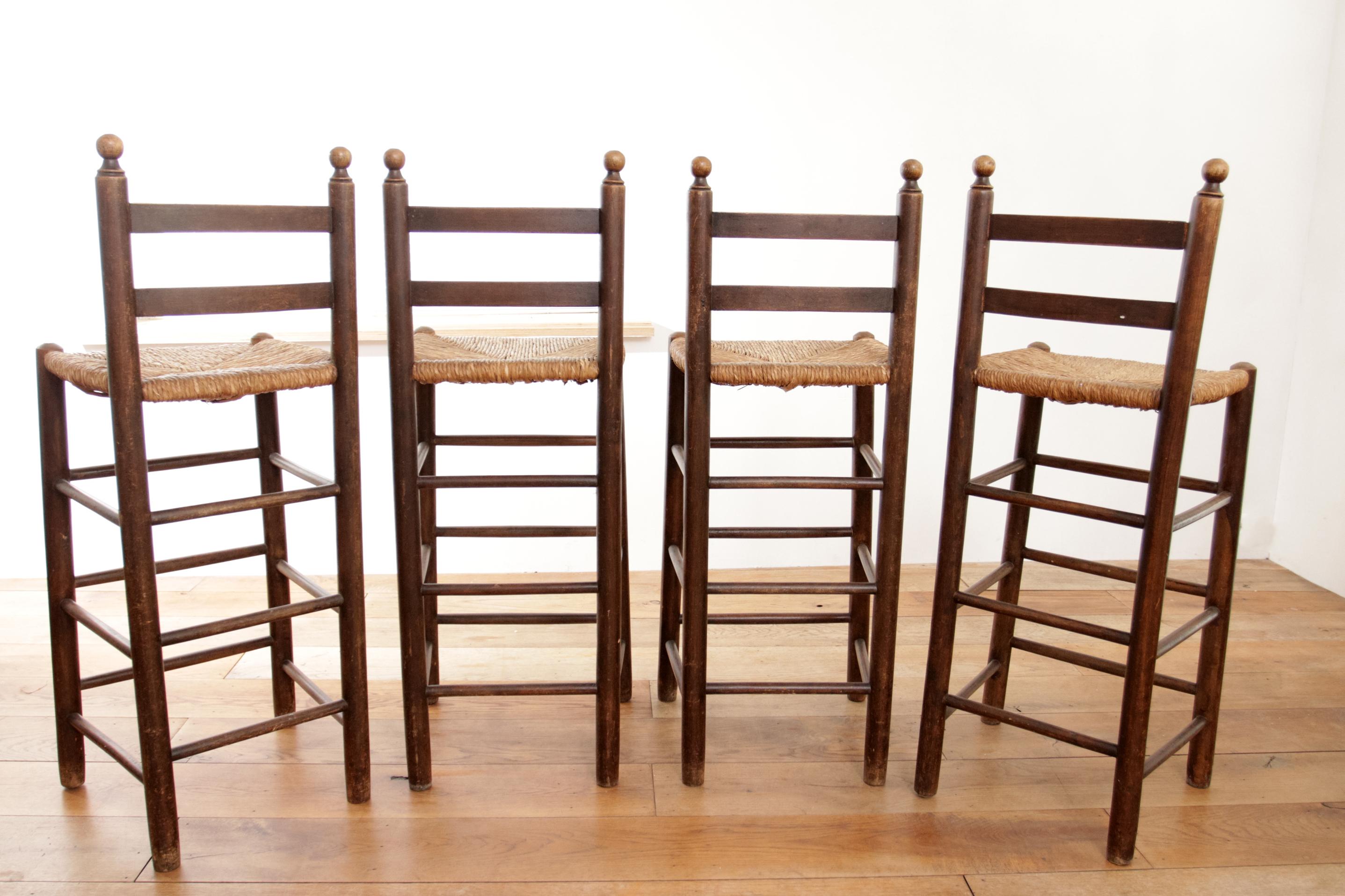 Set of Four French Oak Barstools with Rush Seats in Style of Charles Dudouyt 12