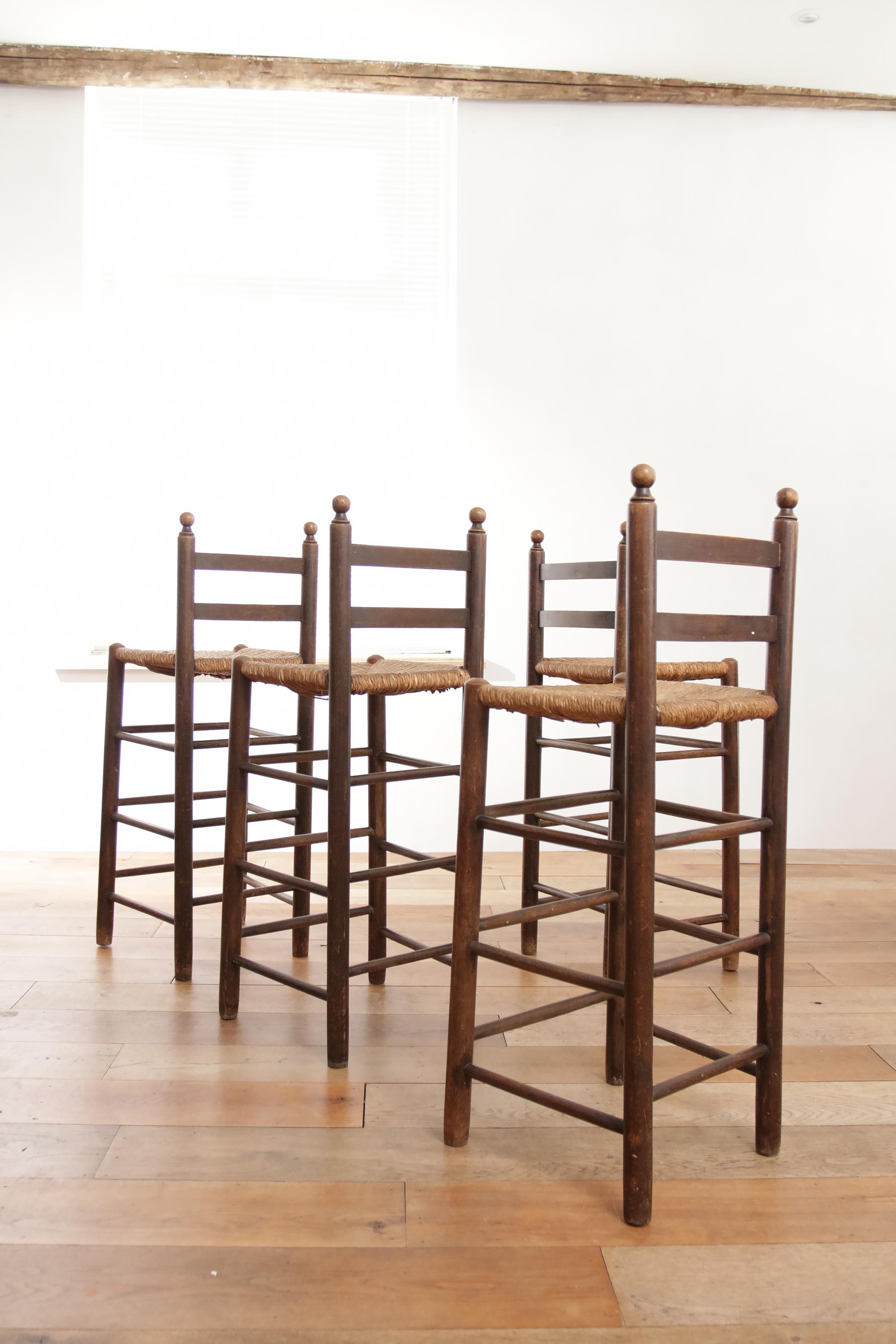 Set of Four French Oak Barstools with Rush Seats in Style of Charles Dudouyt 13