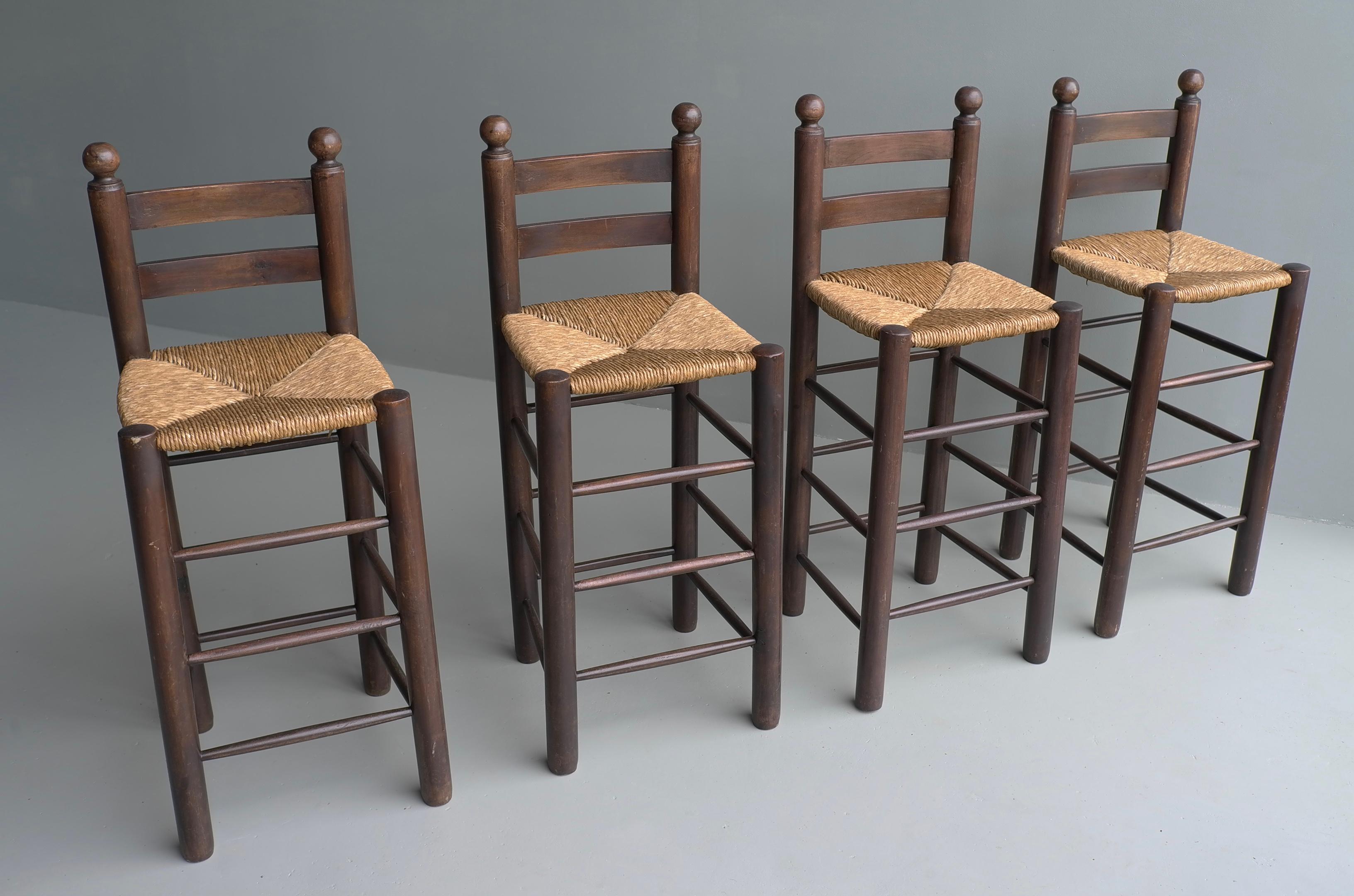 Mid-Century Modern Set of Four French Oak Barstools with Rush Seats in Style of Charles Dudouyt