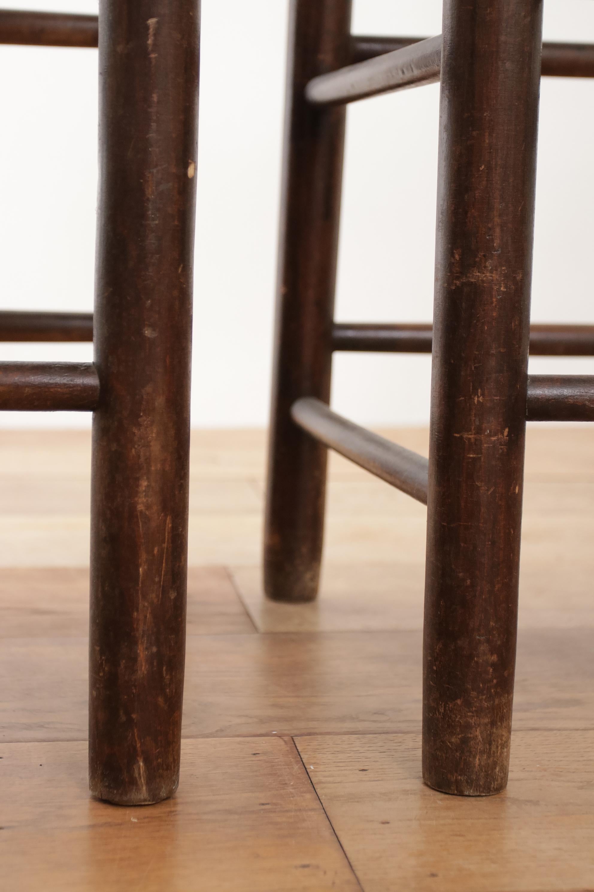 Mid-20th Century Set of Four French Oak Barstools with Rush Seats in Style of Charles Dudouyt