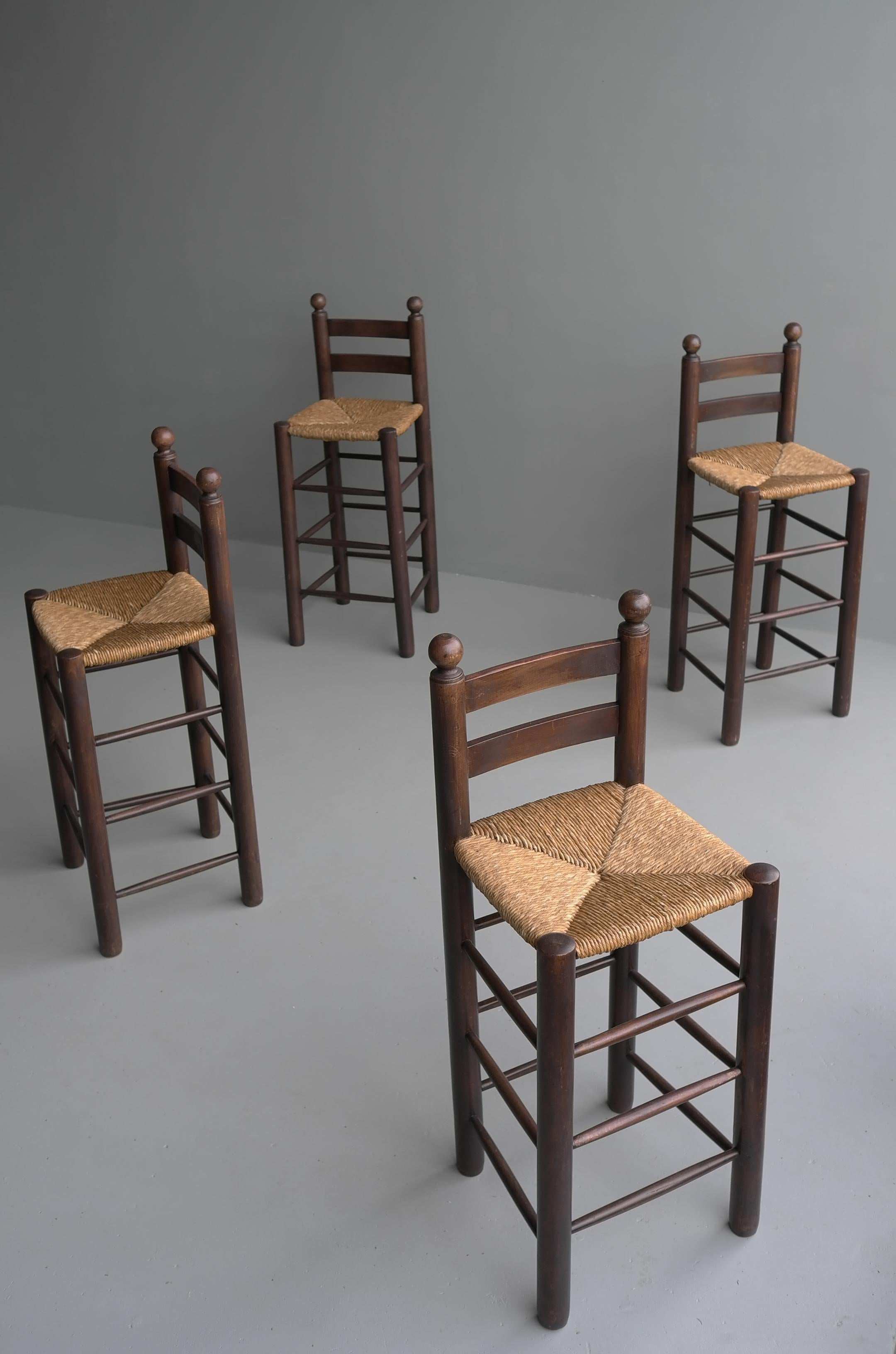 Set of Four French Oak Barstools with Rush Seats in Style of Charles Dudouyt 3