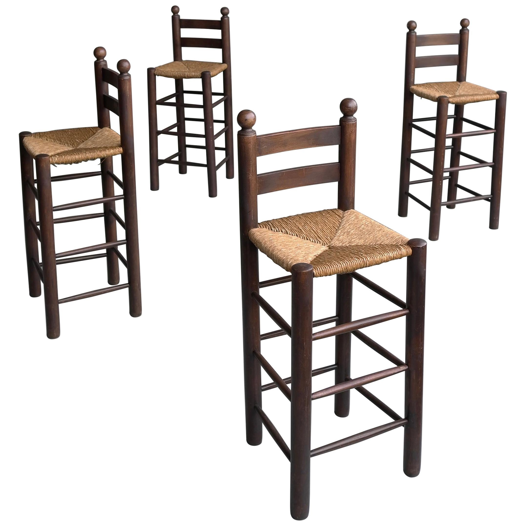 Set of Four French Oak Barstools with Rush Seats in Style of Charles Dudouyt