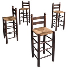 Set of Four French Oak Barstools with Rush Seats in Style of Charles Dudouyt