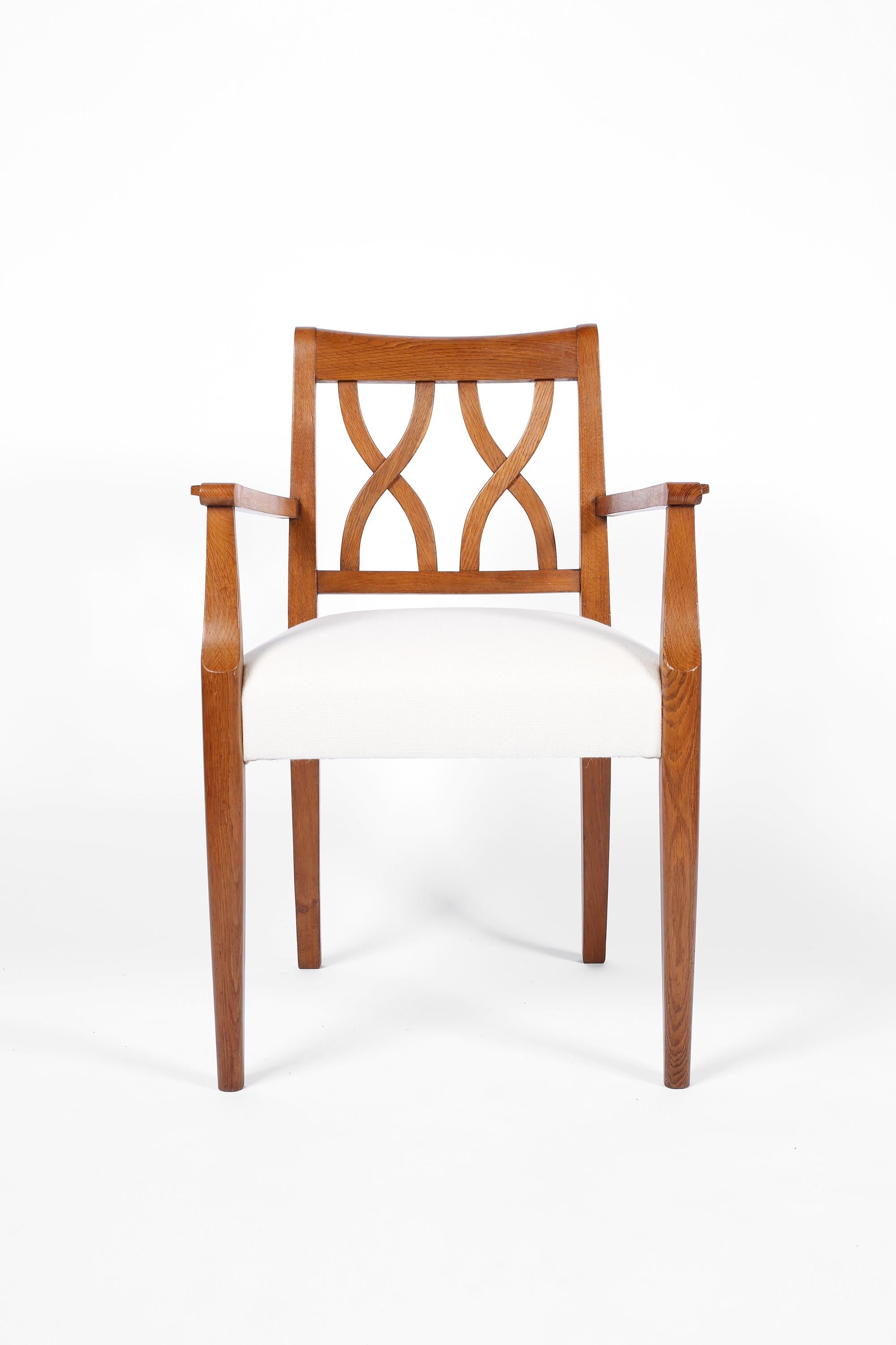 Set of Four French Oak & Linen Occasional Armchairs by Baptistin Spade, c. 1940s 2