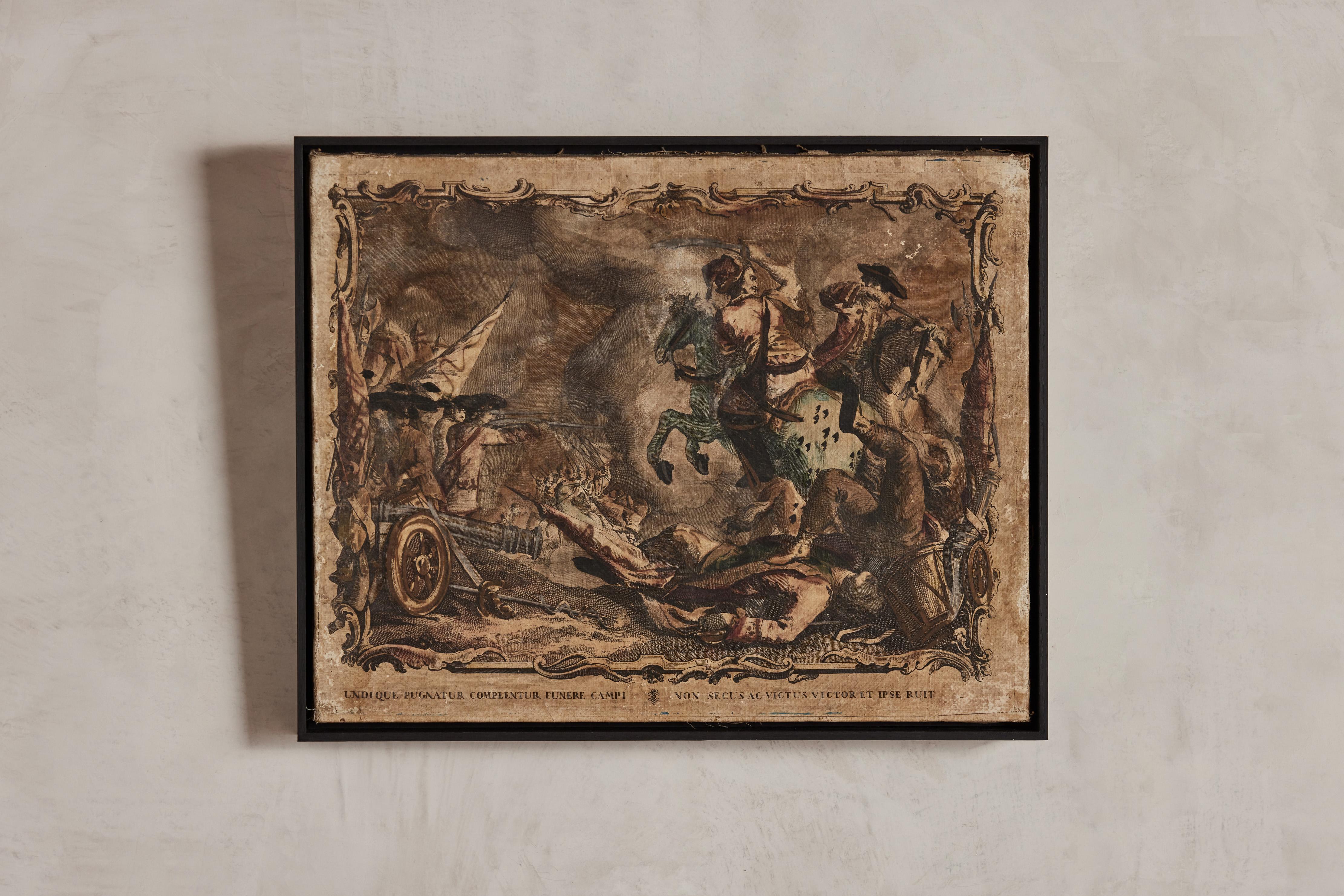Set of four 19th century hand painted etchings on canvas that depict four different battle scenes. Visible wear on canvas and etchings. Newly framed in a floating black wood frame.