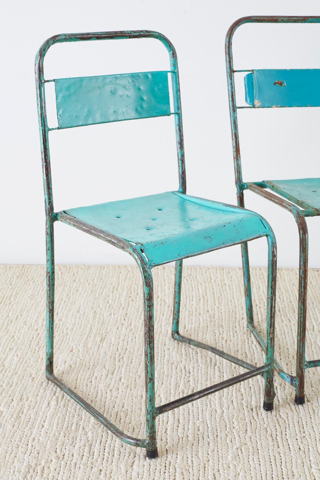 20th Century Set of Four French Painted Steel Stacking Garden Chairs