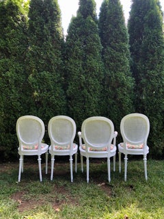 Set of Four French Painted Wooden Dining Chairs with Caned Backs