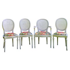 Set of Four French Painted Wooden Dining Chairs with Caned Backs