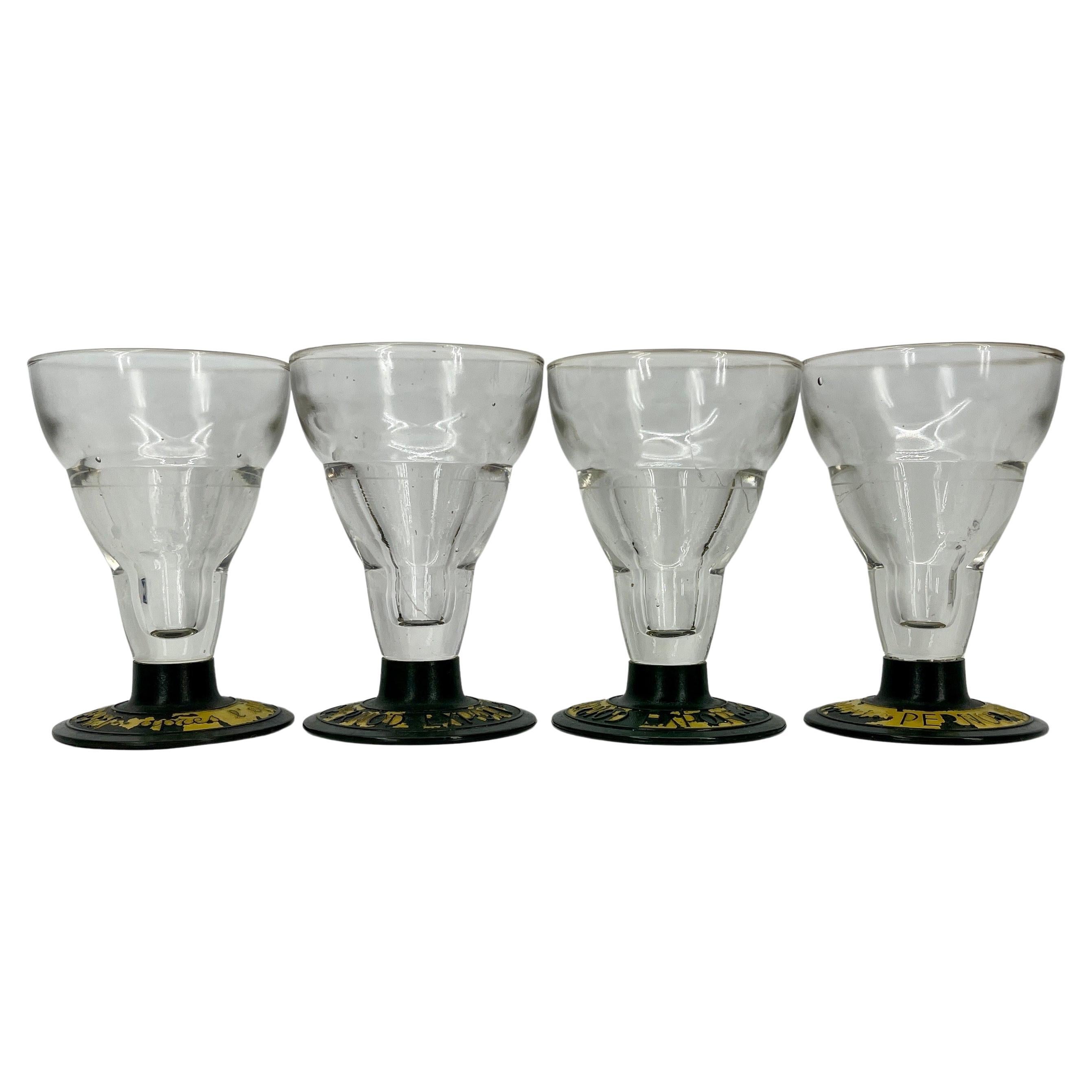 Hand-Painted Set of Four French Pernod Glasses with Bakelite Bases, 1930's