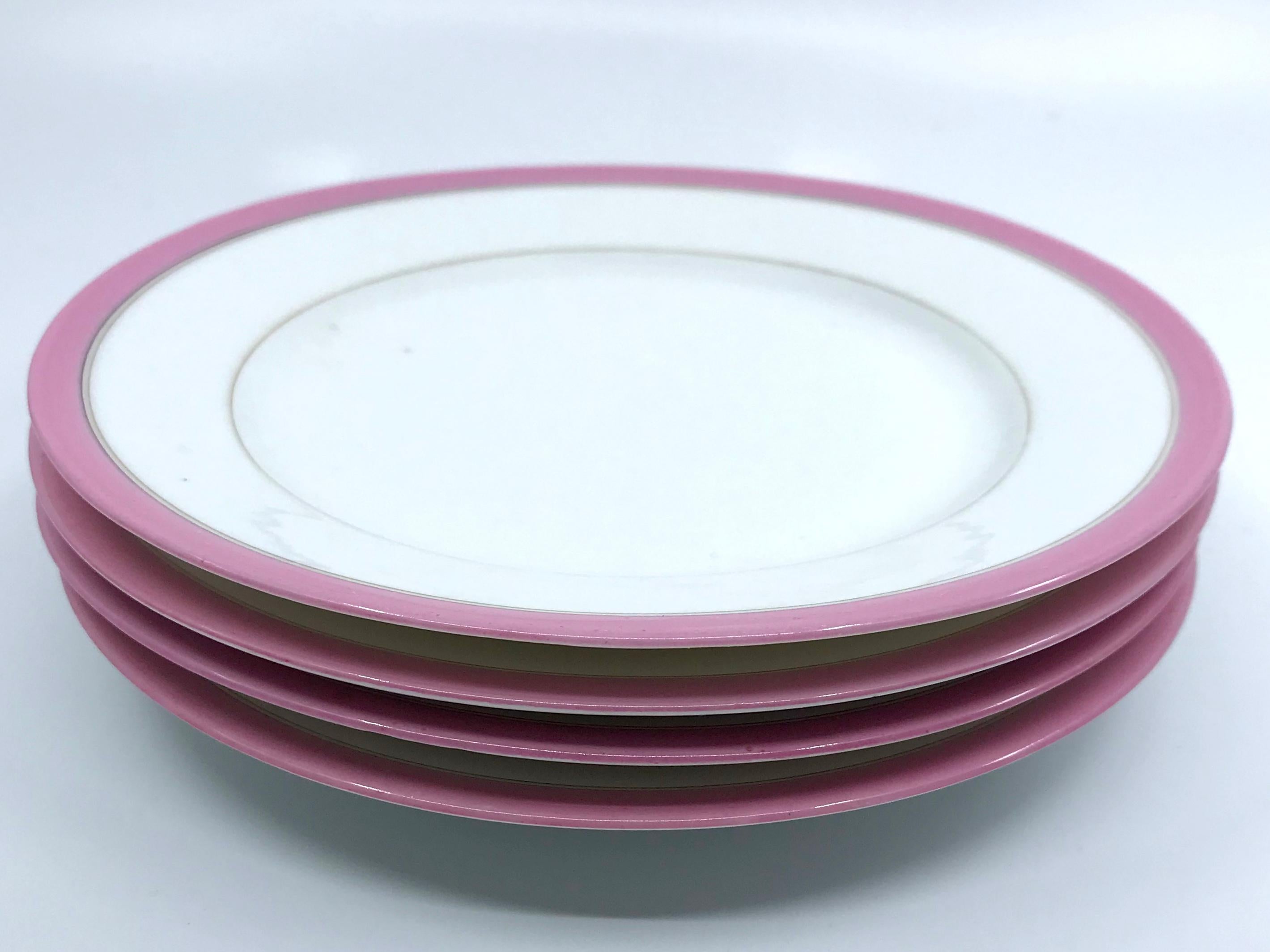 Set of Four French Pink and Gilt Banded Plates For Sale 1