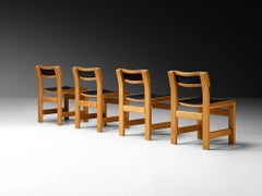 Set of Four French Postmodern Dining Chairs in Elm and Black Upholstery