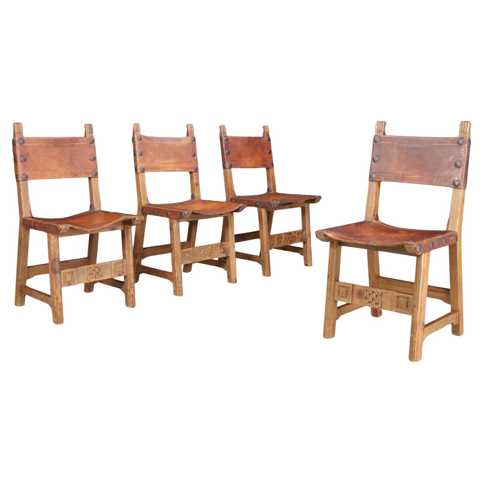Set of Four French Provincial Saddle Leather Dining Chairs in Pine, France, 1950