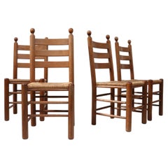 Set of Four French Rustic Ladder-Back Dining Chairs, Rush Seats, c. 1960