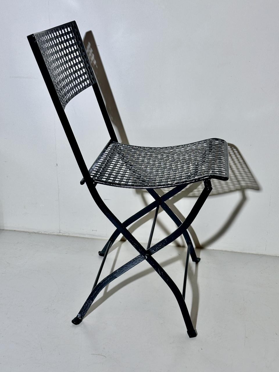 Set of 4 French Style Woven Black Enameled Iron  Folding Bistro Chairs, C. 1930  For Sale 4