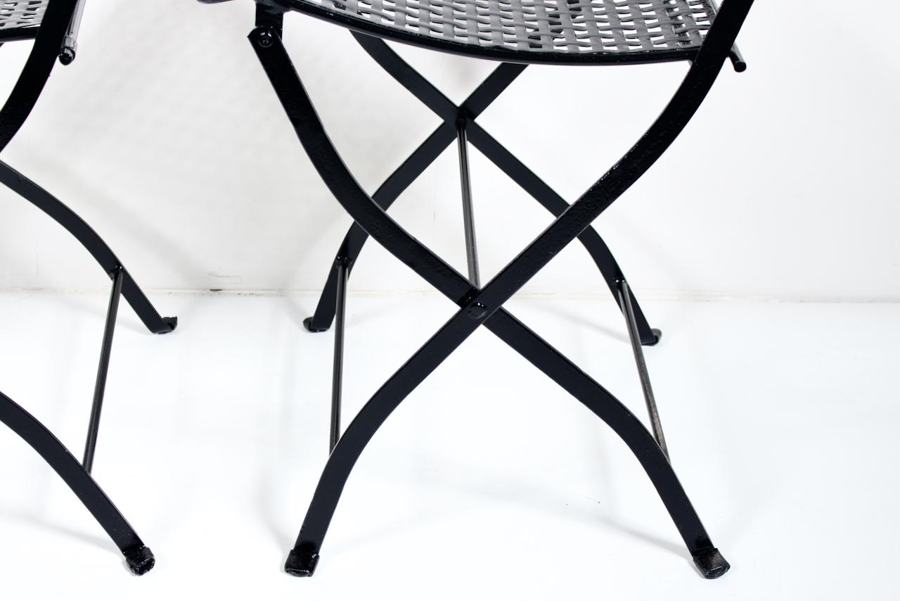 Set of 4 French Style Woven Black Enameled Iron  Folding Bistro Chairs, C. 1930  For Sale 11