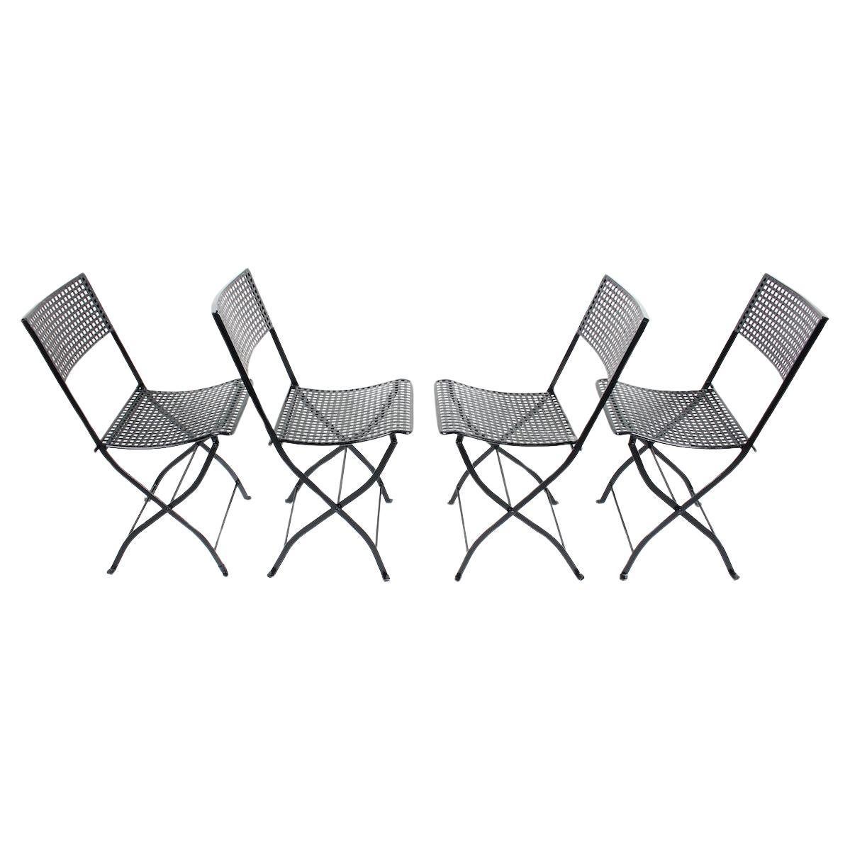 Set of 4 French Style Woven Black Enameled Iron  Folding Bistro Chairs, C. 1930  For Sale 13