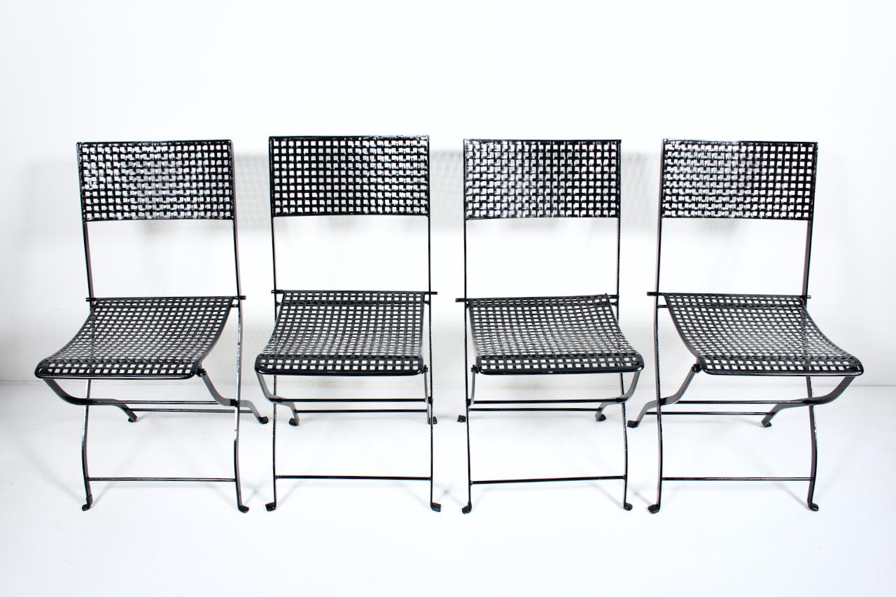 Art Deco Set of 4 French Style Woven Black Enameled Iron  Folding Bistro Chairs, C. 1930  For Sale